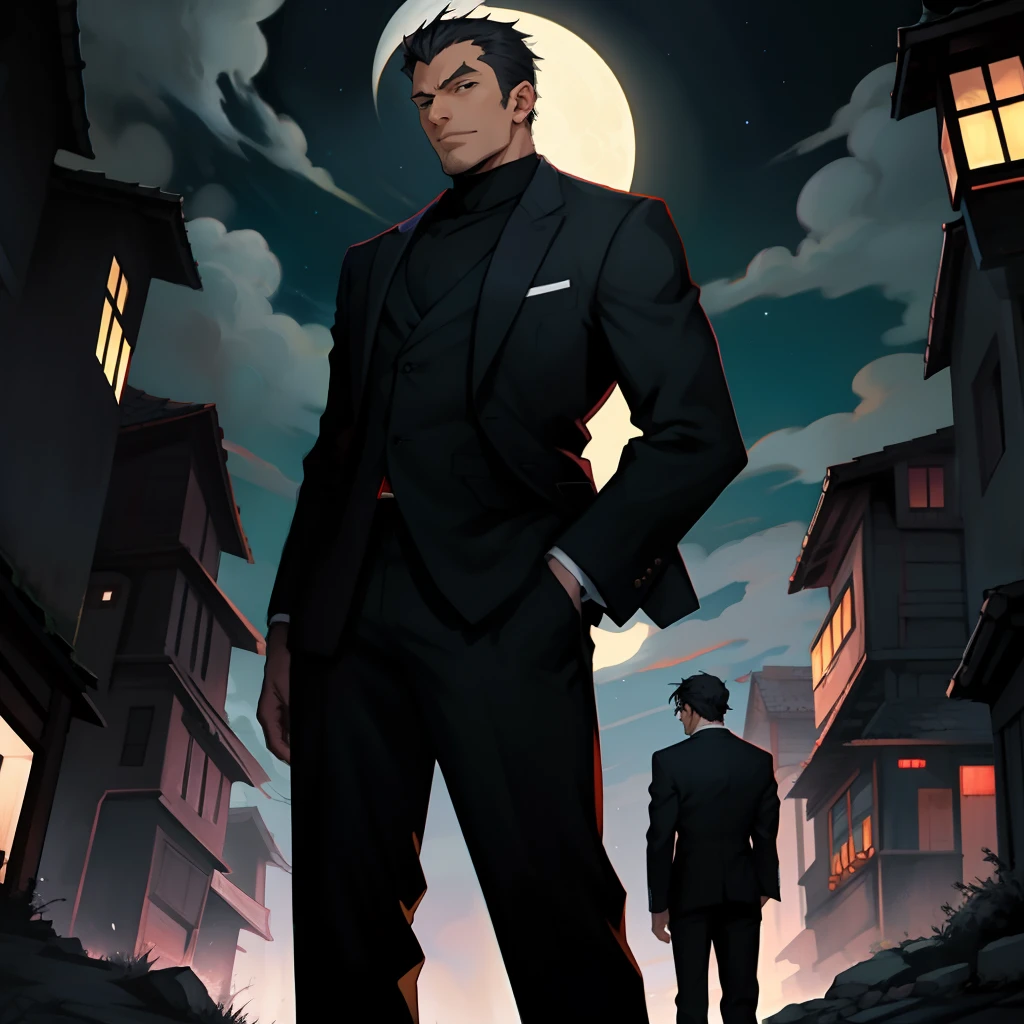 Anime Men,tall and mighty,black suits,to stand,face to looking at viewer,night scene,Rich,soio