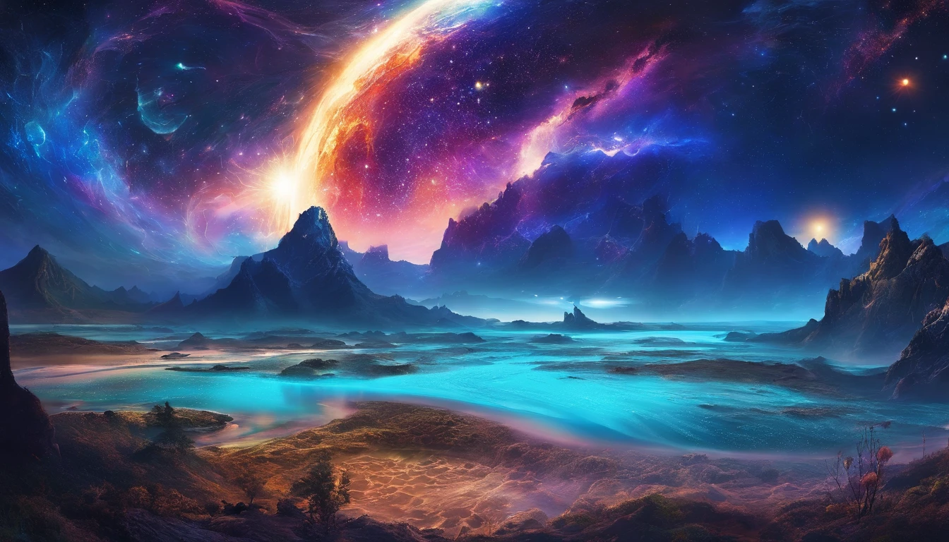 huge planet, the night, starrysky, surrealism, masutepiece, hight resolution、Impressive Milky Way:1.9、sand beach、Vast blue ocean、Blue glacier、lightning bolt:1.9、Protoplanets