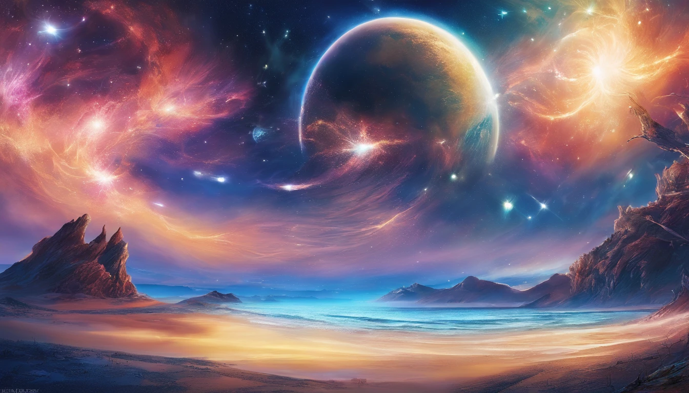 huge planet, the night, starrysky, surrealism, masutepiece, hight resolution、Impressive Milky Way:1.9、sand beach、Vast blue ocean、Blue glacier、lightning bolt:1.9、Protoplanets