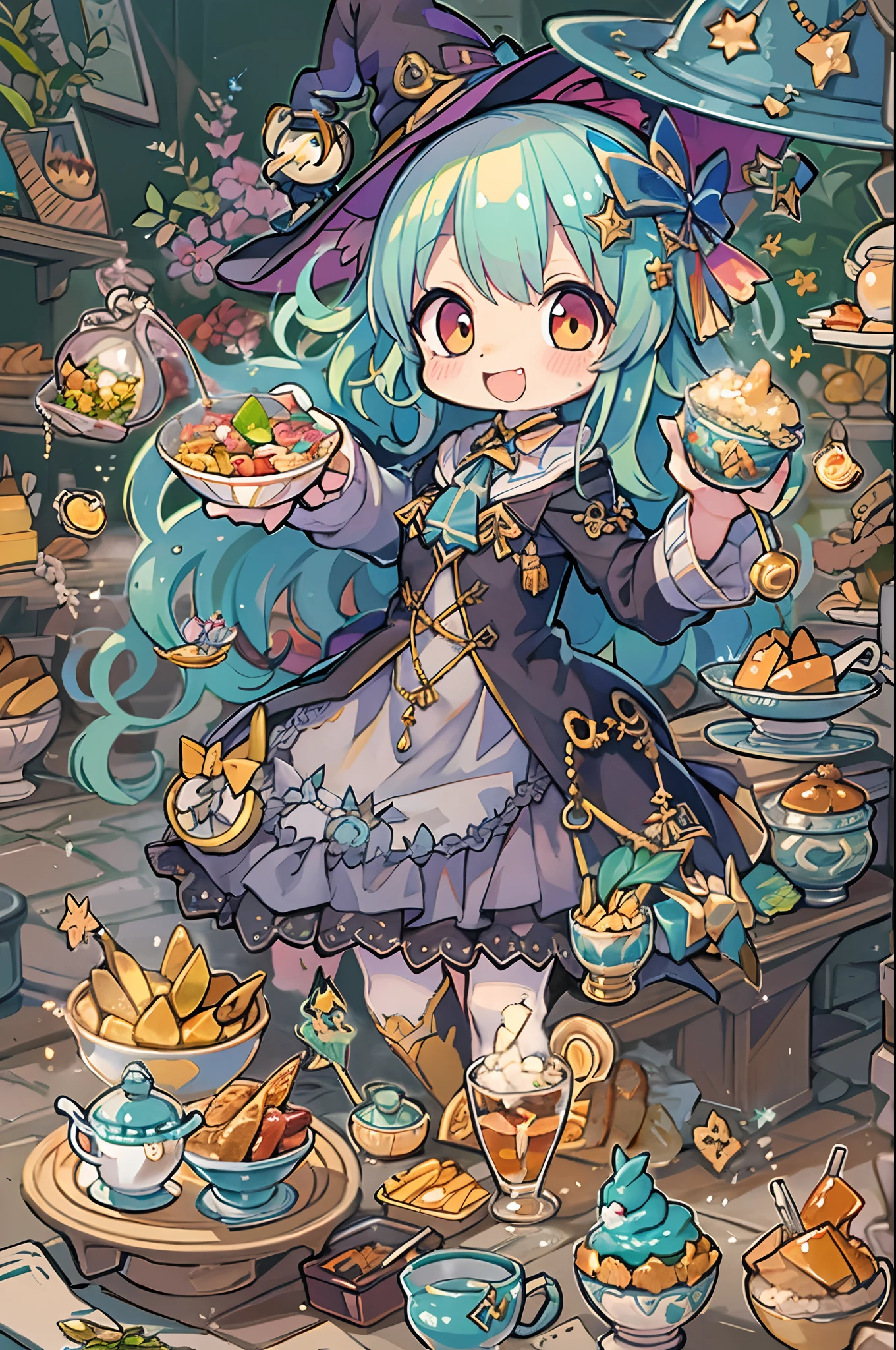masutepiece, Best Quality, Chibi, Wizard Tea Party, the witch, beautiful witch, Happy, Vibrant, Colorful