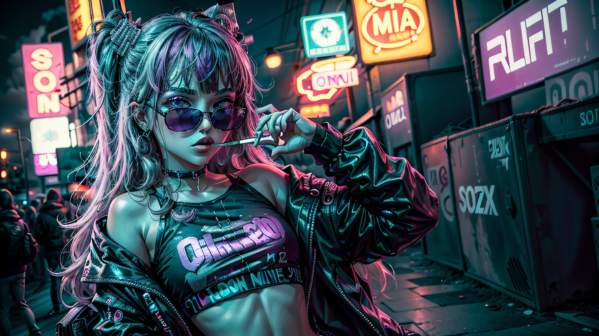 （（melhor qualidade））， （（tmasterpiece））， （The is very detailed：1.3）， ..3d，NeonNoir，Loli cyberpunk bonito，（Oversized teddy bear：1）（wearing sunglasses：1.2），（pupilas em forma de diamante：1.2），Usa uma longa capa com capuz，fumar um cigarro，bom corpo，neon roxo no monitor，Colorful neon signs on the wall，Public lighting，(O branco emana:1.1)，olhos de desprezo，Fique na rua，Nevando，Sony Lente Master，