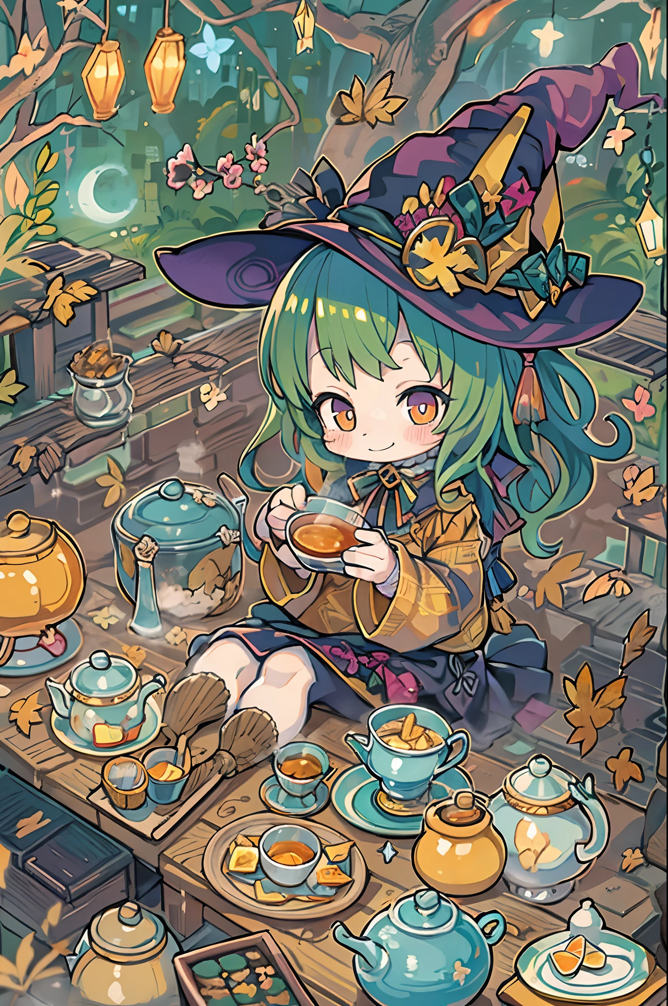 masutepiece, Best Quality, Chibi, Wizard Tea Party, the witch, beautiful witch, Happy, Vibrant, Colorful