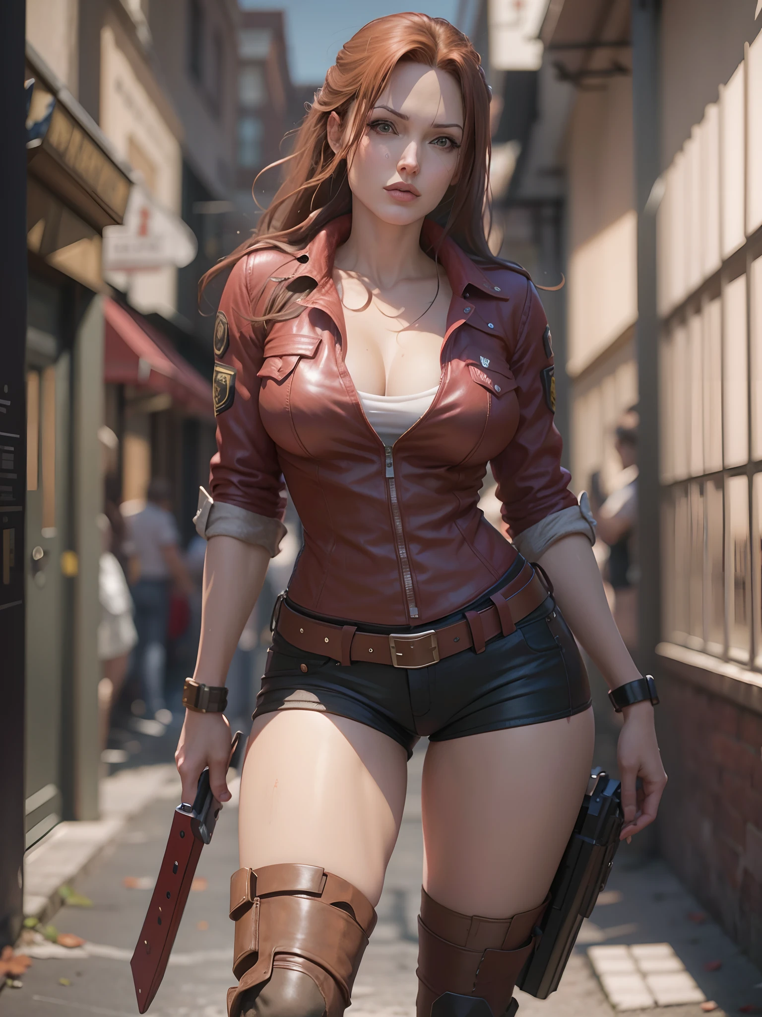 Linda Claire Redfield sendo por um homem bonito corpo inteiro pele rosa cabelo escuro realista detalhado rosto corpo altamente detalhado CGI 8K imagem clara -