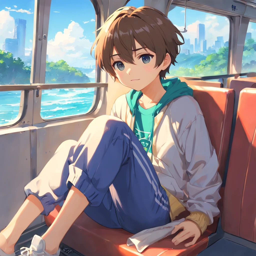 gordinho com cabelos pretos e olhos azuis brilhantes brilhantes e meias pequenas usando um capuz, and oversized sweatpants sitting on the bus seat, chovendo janela externa, jovem, meninoeno, barnet, luz suave, (sweatpants:1.4), (menino:1.4),a:1.4), (jovem:1.4), (macho:1.4), (walk away:1.4), (Shy:1.4), (Foi:1.0), (cores:1.0), (cores fofas:1.0), floresta na janela