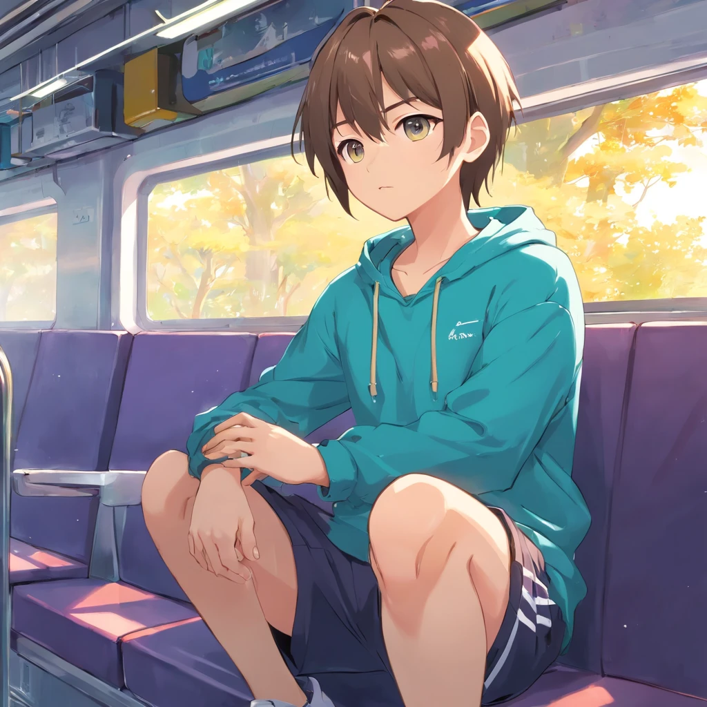 gordinho com cabelos pretos e olhos azuis brilhantes brilhantes e meias pequenas usando um capuz, and oversized sweatpants sitting on the bus seat, chovendo janela externa, jovem, meninoeno, barnet, luz suave, (sweatpants:1.4), (menino:1.4),a:1.4), (jovem:1.4), (macho:1.4), (walk away:1.4), (Shy:1.4), (Foi:1.0), (cores:1.0), (cores fofas:1.0), floresta na janela