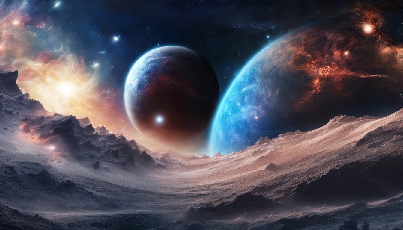 huge planet, the night, starrysky, surrealism, masutepiece, hight resolution、Impressive Milky Way:1.9、sand beach、Vast blue ocean、Blue glacier、lightning bolt:1.9、Protoplanets