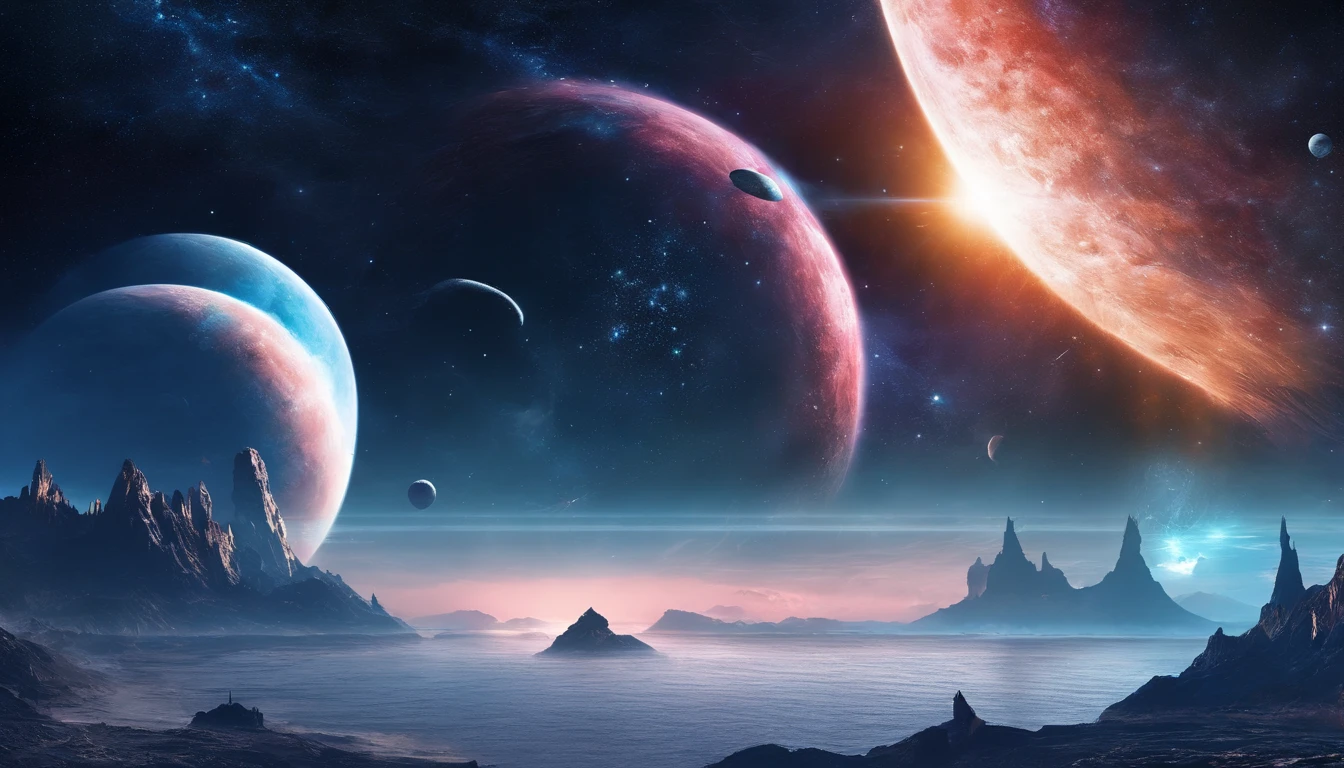 huge planet, the night, starrysky, surrealism, masutepiece, hight resolution、Impressive Milky Way:1.9、sand beach、Vast blue ocean、Blue glacier、lightning bolt:1.9、Protoplanets