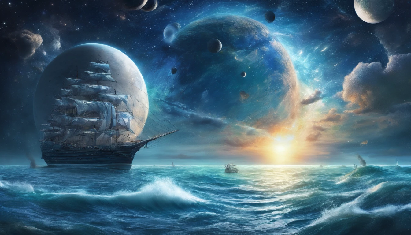 huge planet, the night, starrysky, surrealism, masutepiece, hight resolution、Impressive Milky Way:1.9、sand beach、Vast blue ocean、Blue glacier、lightning bolt:1.9、Protoplanets