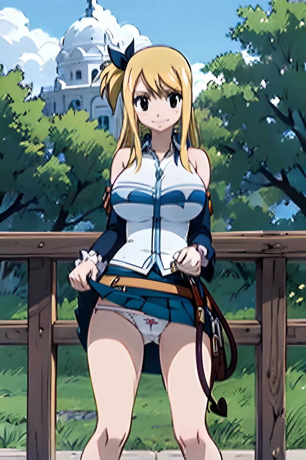 Master masterpiece, top-quality, High Definition, lucy heartfilia、a blond、Twin-tailed、Colossal tits、(Black Knee High:1.3)、Removable sleeves、hason、cropped vest、Strapless、a belt、a black skirt, Smiling face, shiny oily skin with high contrast,Solo、plein air、is standing、cowboy  shot, (Perfect hands, Perfect Anatomy),(Skirt lift:1.3), (white  panties:1.3)、(Skirt that rolls up:1.3)、(Fully exposed panties:1.5)、