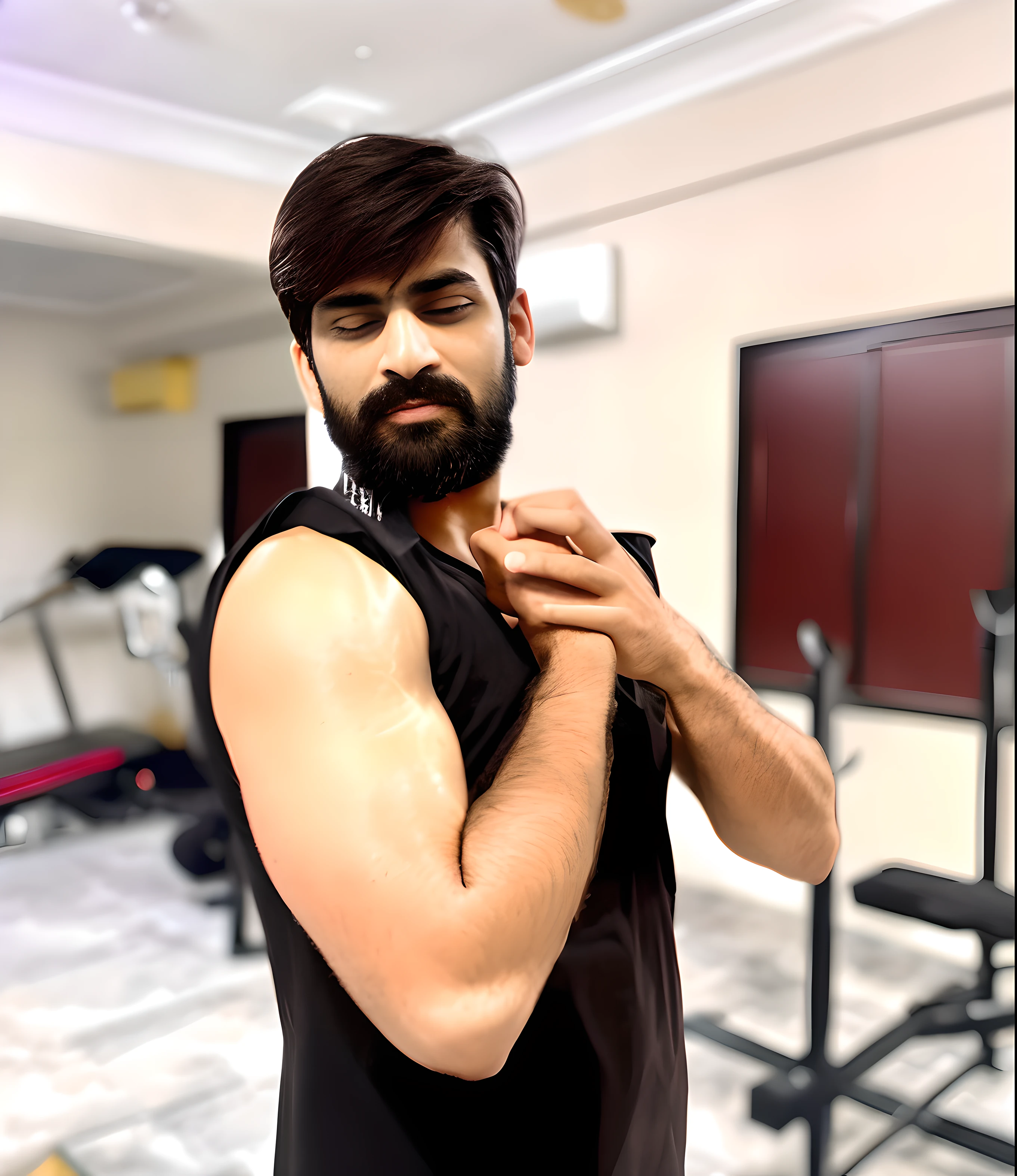 there is a man that is standing in a gym with a tie, depressed dramatic bicep pose, working out, in a menacing pose, muscles, by Riza Abbasi, captured on canon eos r 6, in a fighting pose, still from a movie, shoulders can be seen, kyza saleem, eye - level view, muscular arms