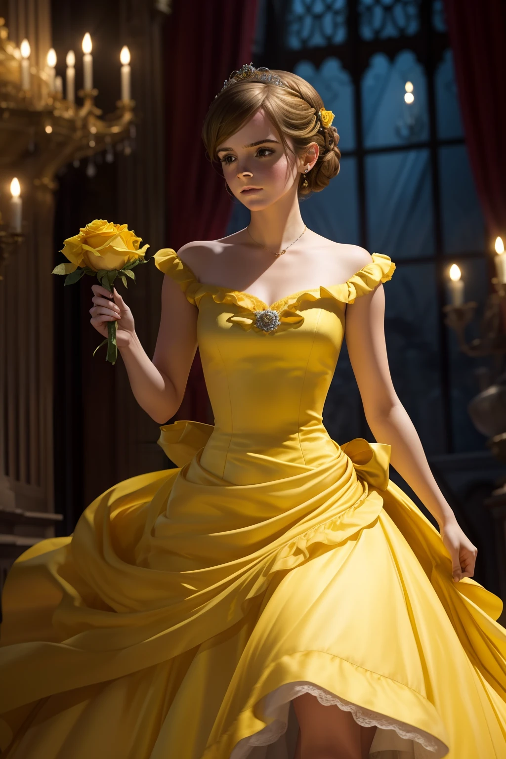 Emma watson, (Delicate platinum embroidery, Ren Hao, Gorgeous yellow dress), (​masterpiece, top-quality, Official art, Beautifully Aesthetic:1.2), ((8K:1.4)), ighly detailed, 。.3D, (Beautiful hairstyle:1.4), Best Quality, (Photorealsitic:1.6), (reallistic:1.4), Realistic, absurderes, looking at the viewers, highestdetailed, ultra-detailliert, Professional Lighting, (Holding one red rose)