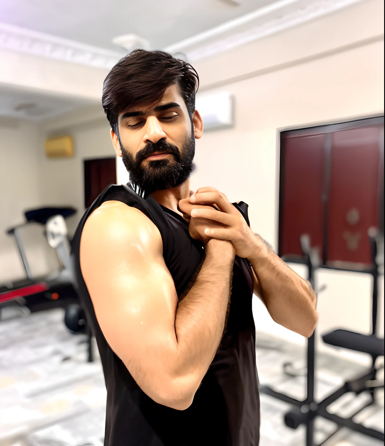 there is a man that is standing in a gym with a tie, depressed dramatic bicep pose, working out, in a menacing pose, muscles, by Riza Abbasi, captured on canon eos r 6, in a fighting pose, still from a movie, shoulders can be seen, kyza saleem, eye - level view, muscular arms