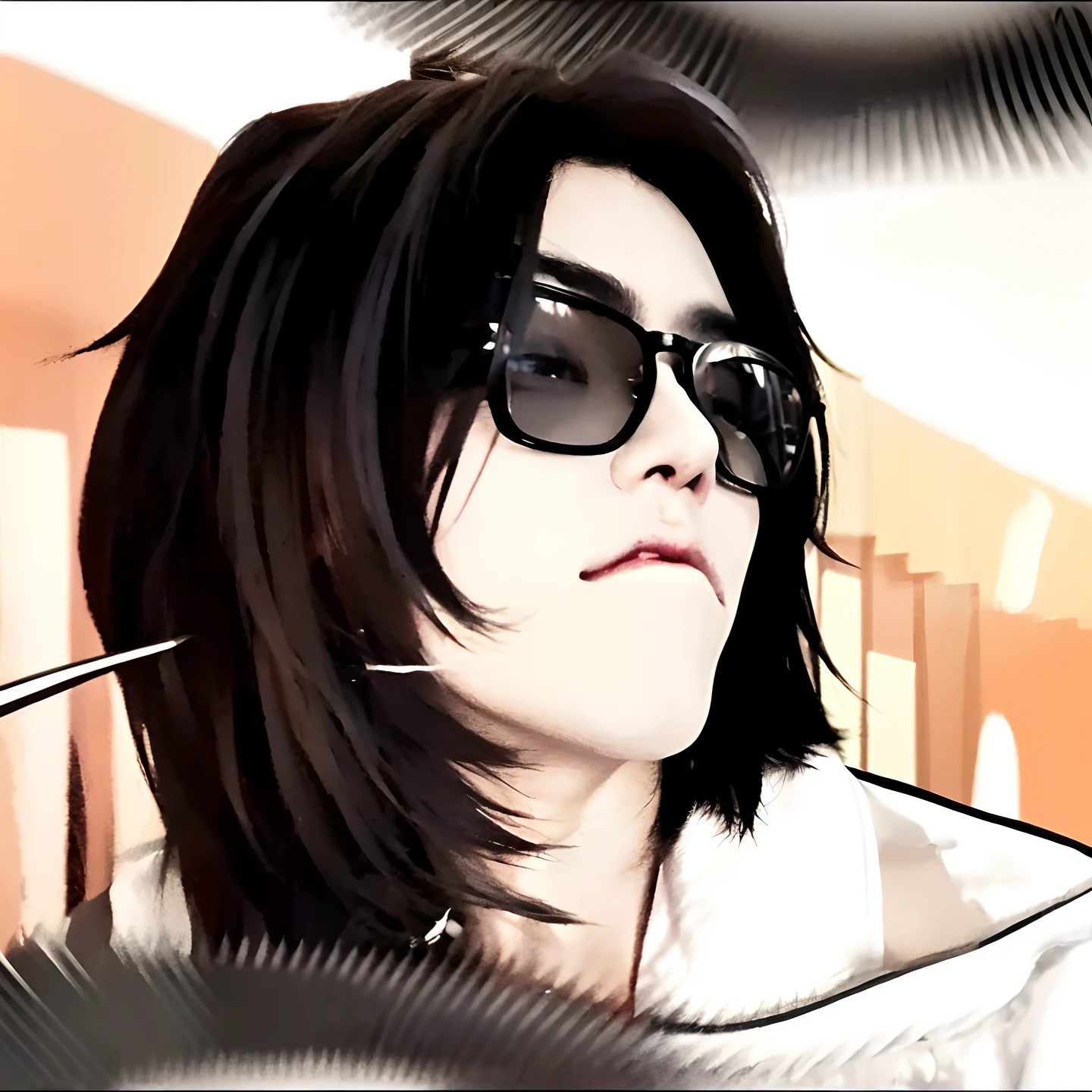 He's a man,jin hobin,He wears a white jacket with a black jacket neck collar and black jacket shoulders, he has two pupils (Polycoria) a bit messy and a little long, he has a toned body, always wears glasses,realistis , ultra detail