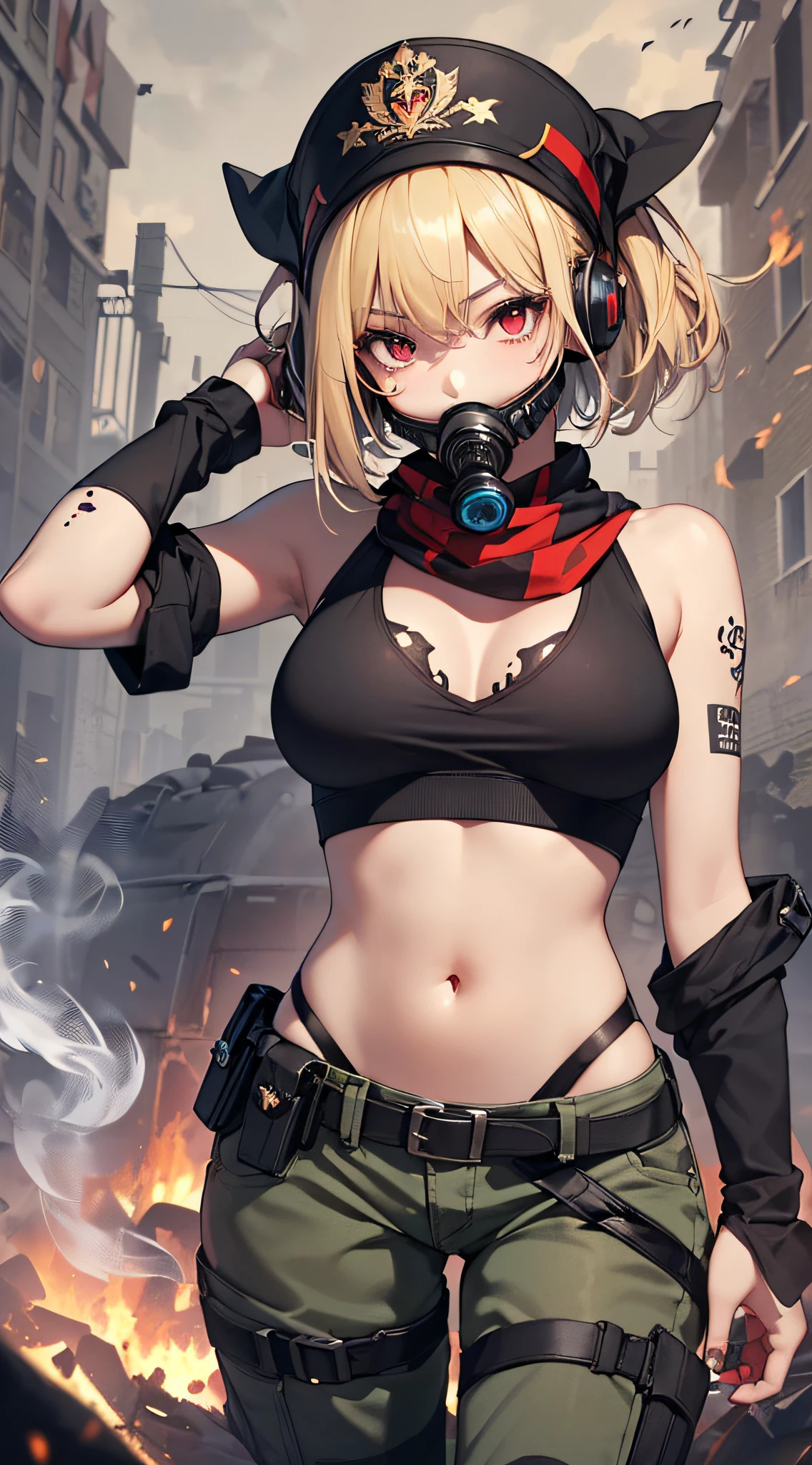 top-quality、Top image quality、masterpiece、girl with((18year old、Blue navel tank top、Military pants、Best Bust、Bust 90、Blonde Away Tail、Red Eyes、open chest wide、Valley、Happiness、A slender、ssmile、black bandana、With revolver、,gas masks,Earphone jack in ear、Black No Body Paint))hiquality、Beautiful Art、Background with((Survival Games、Burning smoke))、masutepiece、Elaborate design、visualart、