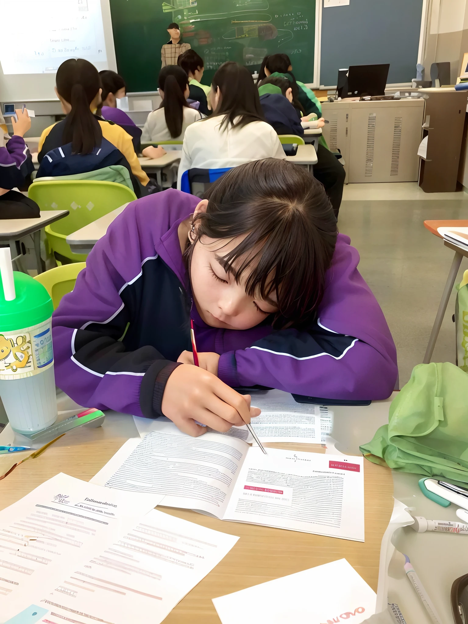 In the classroom there is a girl sitting on a desk writing, trying to study, Research, high-school, Concentration, Student, Shoot on your phone, Sleepy expression, Studious, iphone capture, full subject shown in photo