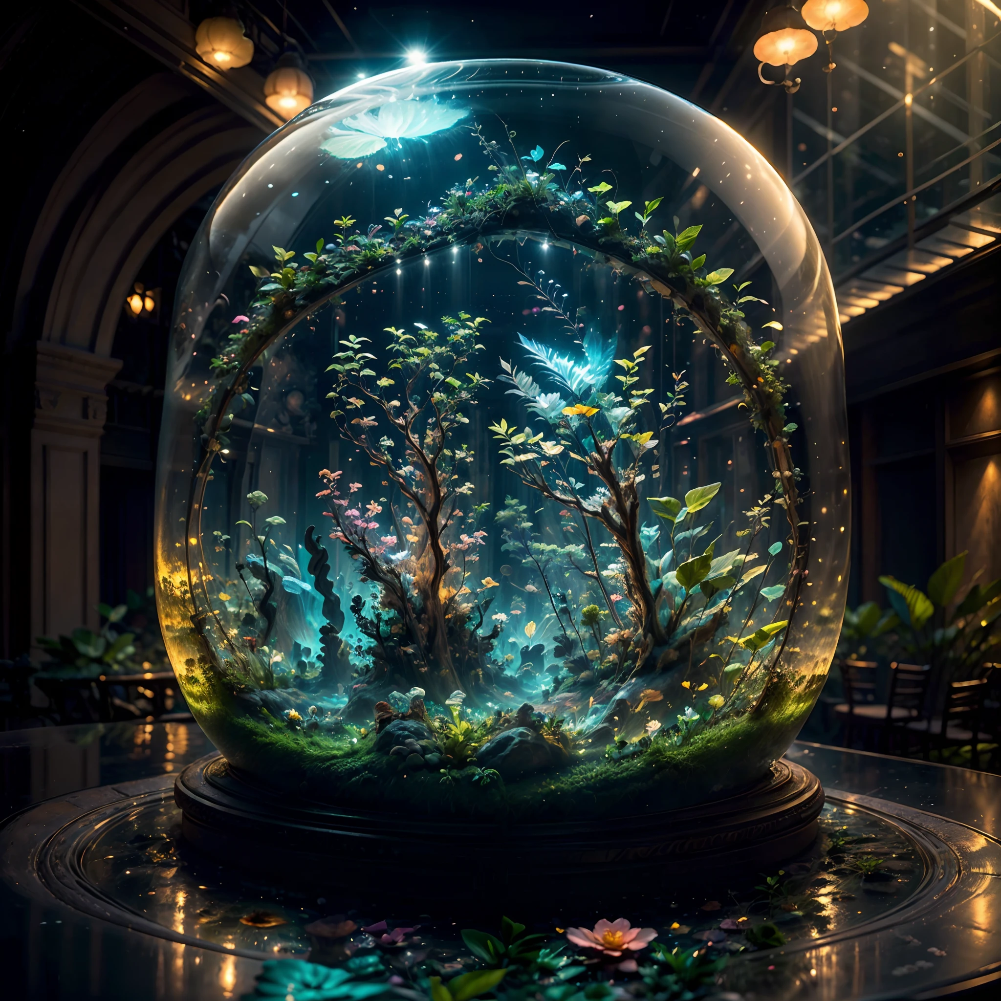 A terrarium, Amazonian biodiversity, brilhante, cogumelos fofos em neon, aquadesign, aquapaisagismo, paisagem dura, Terrarium, Paludário, aquaTerrarium, Imagem UHD, Suavemente luminoso, translucent water, fundo jardim oriental.