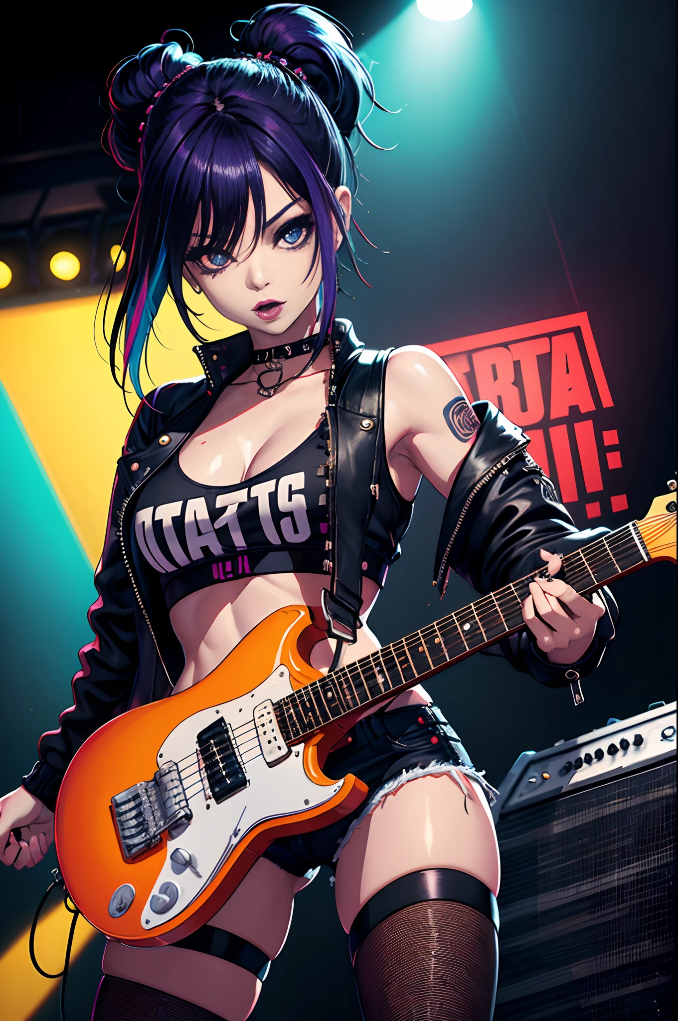 Una chica rockera en tanga,retrato,illustration,toma de cuerpo completo,electric guitar,Ropa vanguardista,dark lipstick,cabello puntiagudo,piernas musculosas,confident expression,Estilo punk,pose llamativa,dynamic  lighting,colores vibrantes