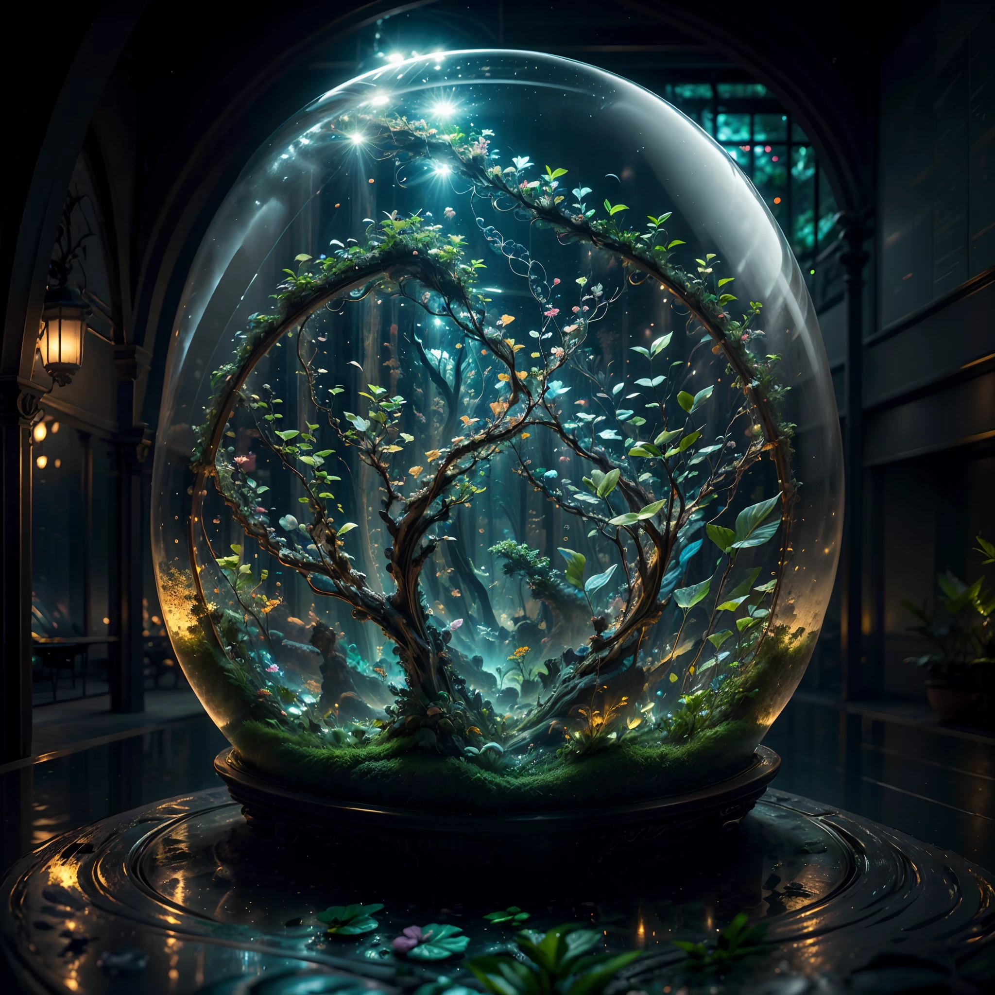 A terrarium, Amazonian biodiversity, brilhante, cogumelos fofos em neon, aquadesign, aquapaisagismo, paisagem dura, Terrarium, Paludário, aquaTerrarium, Imagem UHD, Suavemente luminoso, translucent water, fundo jardim oriental.