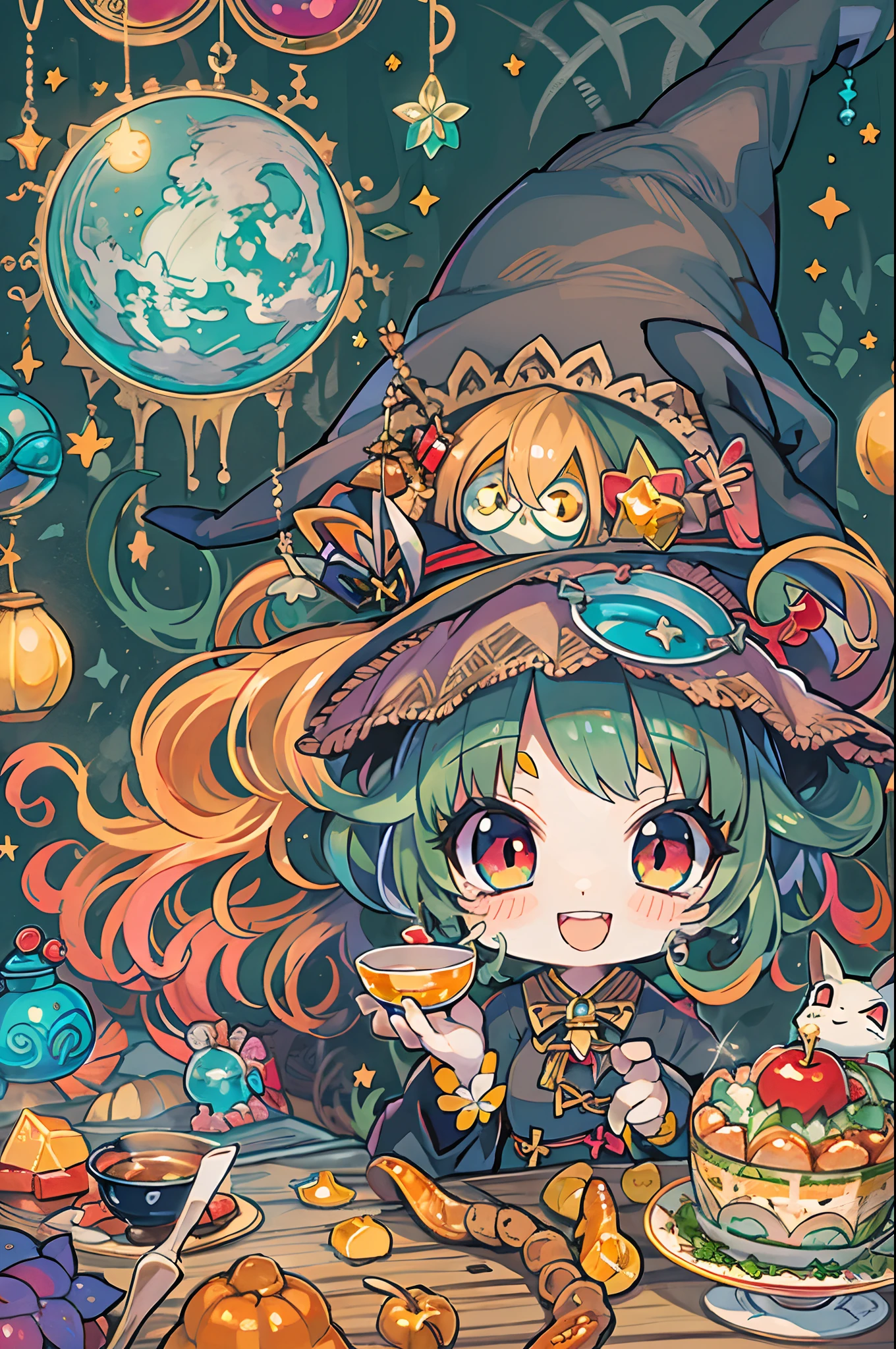 masutepiece, Best Quality, Chibi, Wizard Tea Party, the witch, beautiful witch, Happy, Vibrant, Colorful