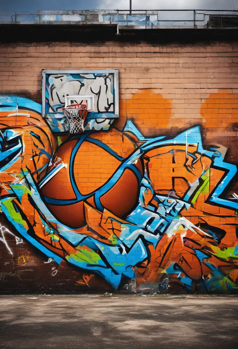 Prompt: Graffiti, basketball.The whole picture, hight resolution、highly contrast