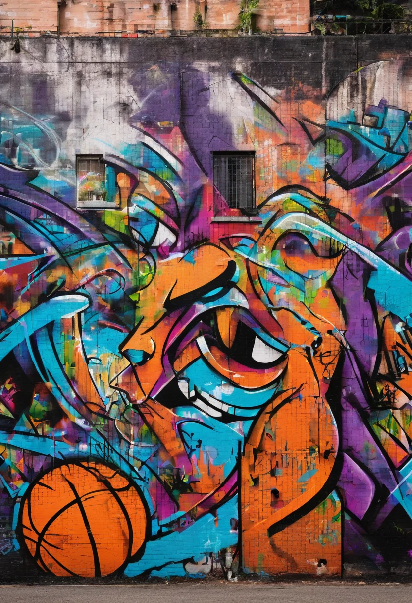 Prompt: Graffiti, basketball.The whole picture, hight resolution、highly contrast