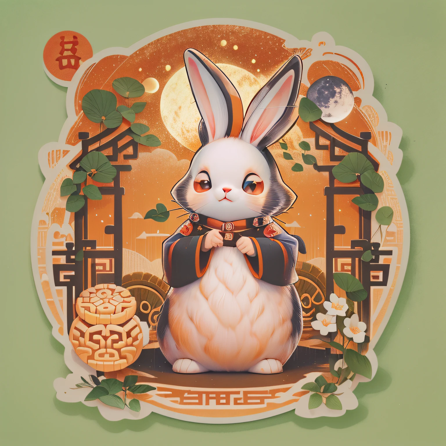 A cute rabbit sticker, red eyes, a full moon, mooncake,a Chinese Classic Room. It's night but it's bright