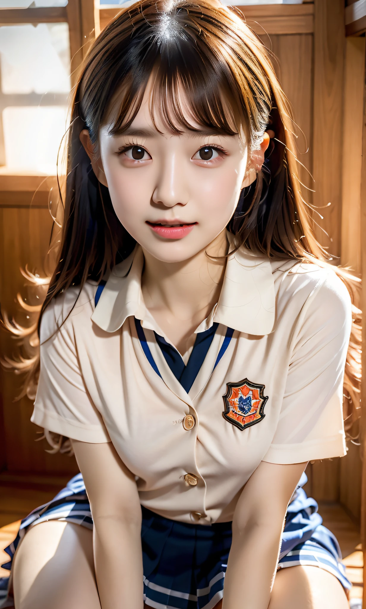 ulzang-6500-v1.1, (RAW photo:1.2), (Photorealistic:1.4), Beautiful detailed girl, Very detailed eyes and face, Beautiful detailed eyes, ridiculous, Incredibly Ridiculous res, hugefilesize, Super detailed, high resolution, Very detailed, Best quality, Masterpiece, kemomimi, ((Japanes girl' high school uniform)), illustration, Very detailed, CG, unified, 8K wallpaper, Amazing, Fine details, Masterpiece, Best quality, Very detailed CG uniform 8k wallpaper, light in face, Cinematic lighting, 1girll, , (()), ((Dynamic pose))), (camel-toe), (Half),, (knee-bending leg sit))