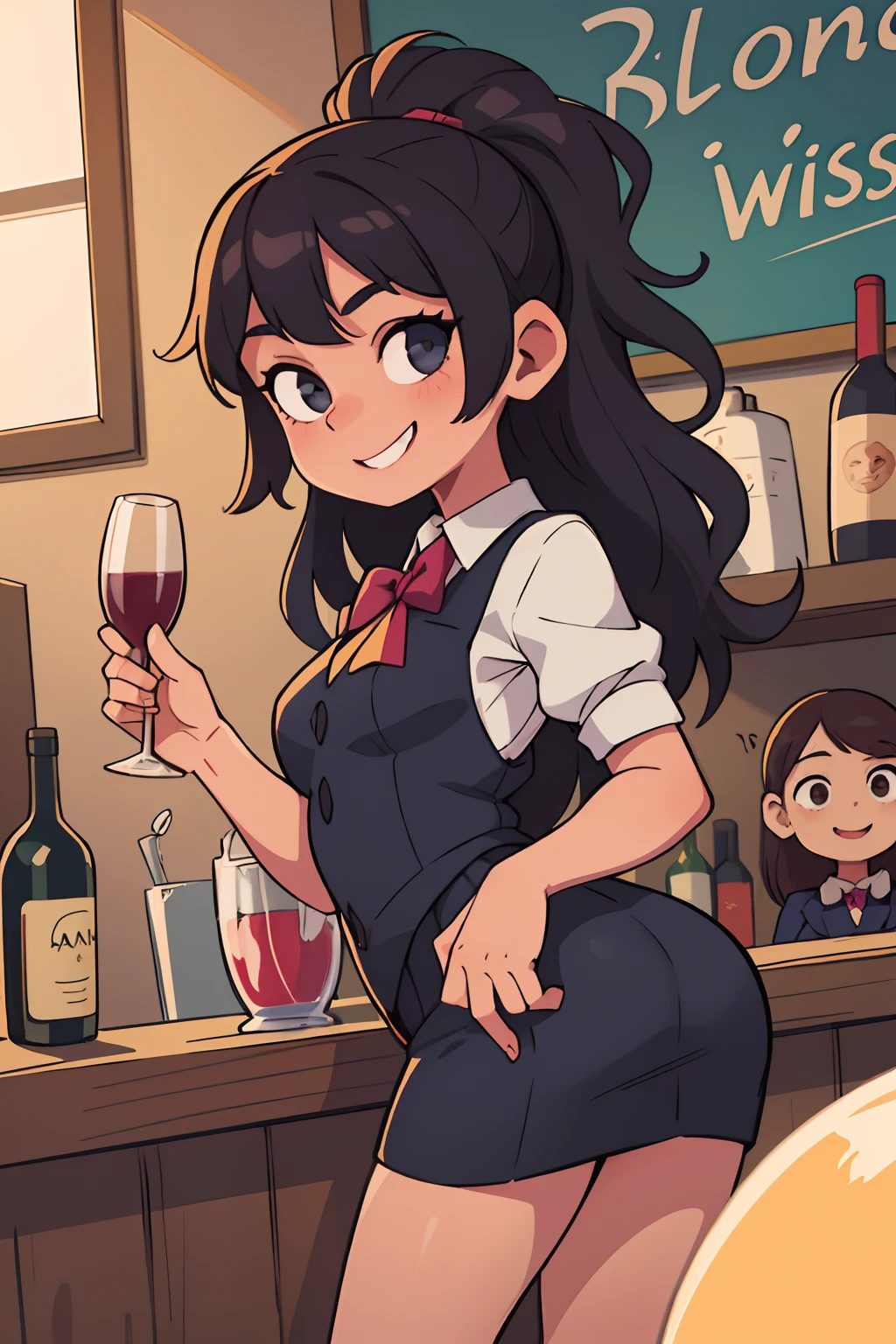 (Best quality at best,tmasterpiece)), one-girl,Several customers,The customer looked at the girl and smiled,The girl looked at the camera and laughed,Girls wear smart clothes,The background is a dark night,exteriors,In an English tavern,The girl is a bartender,Girl holding a wine glass