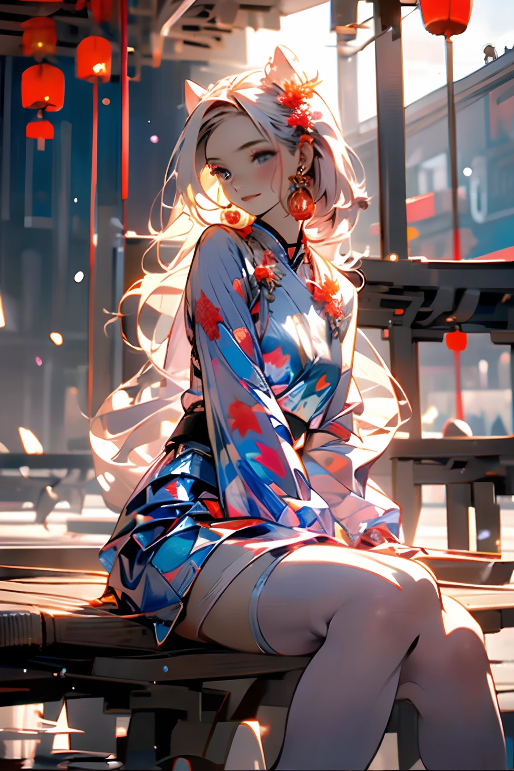 (Close-up in painting style, ultra-detailed 8K, Masterpiece-level CG wallpapers), Cinematic lighting, Deep Video、Deep view、(8K Close-up) A beautiful and cute girl, Ultra-slim whole body, Exquisite and beautiful face, dreamy eyes, Wearing a long shirt, tunique, shawls, Chest PO Skirt, Upper body, tang costume, Hanfu, tang style, Long legs, Sitting, Cloudy background, Scattering leaves, momiji, Autumn foliage, chinese architecture、Frolic with squirrels、