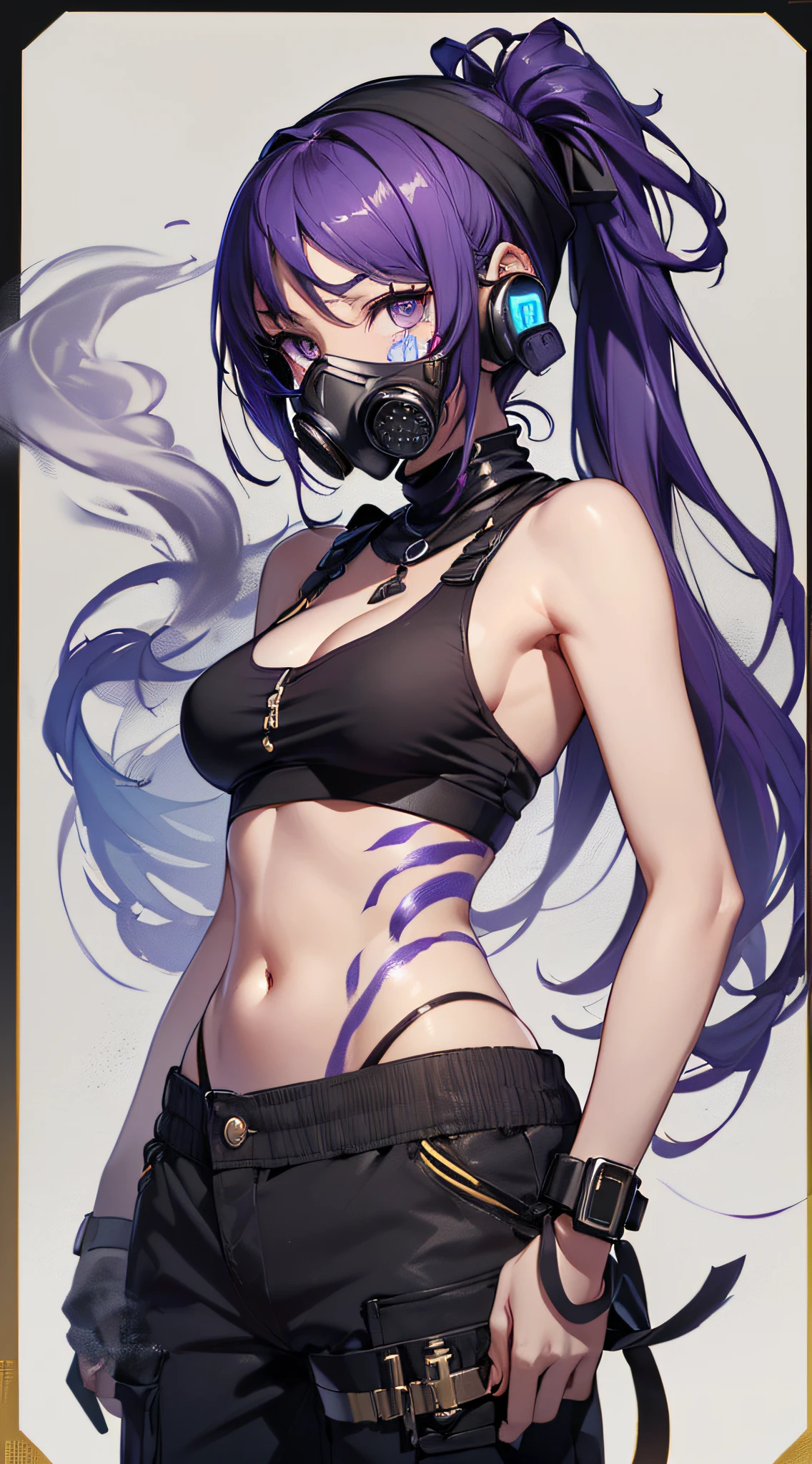 top-quality、Top image quality、​masterpiece、girl with((18year old、Blue navel tank top、Military pants、Best Bust、Bust 90、Blue Away Tail、Purple Eyes、open chest wide、Valley、Happiness、A slender、ssmile、black bandana、Hold the revolver in your right hand、,gas masks,Earphone jack in ear、Black Body Paint)）hiquality、Beautiful Art、Background with((Survival Games、Burning smoke))、masutepiece、Elaborate design、visualart、