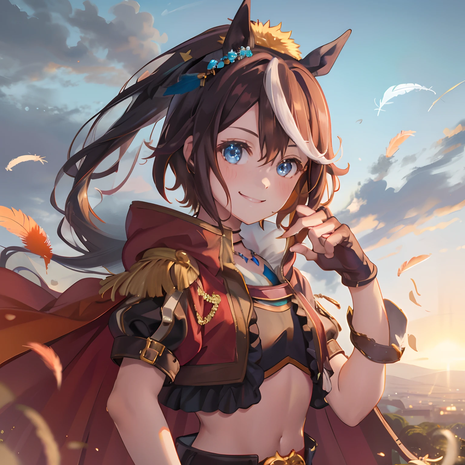 ((masterpiece, best quality)),1girl,Tokai Teio,Tokai Teio(horizon),horse ears,horse girl,brown hair,long hair,high ponytail,streaked_hair,multicolored_hair,blue eyes,jacket,cropped jacket,crop top,midriff,fingerless gloves,short sleeves,navel,skirt,belt,cape,jewelry,frills,hair ornament,hood down,necklace,thighhighs,boots,official_alternate_costume ,smile,victory pose,burning feathers, fire, dusk, sunset, outdoors,