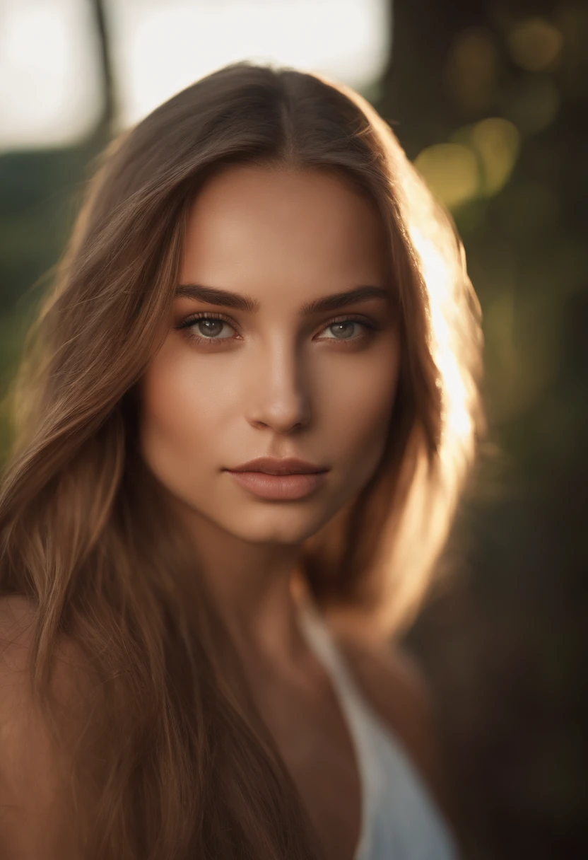 Natural photography of a girl, wearing a loose crop top, leaning over, long straight light brown hair, locks eyes into the camera, symmetrical eyes, symmetrical face, photorealistic, photography, path tracing, specular lighting, volumetric face light, path traced hair, visible shadows, intricate, elaborate, club
