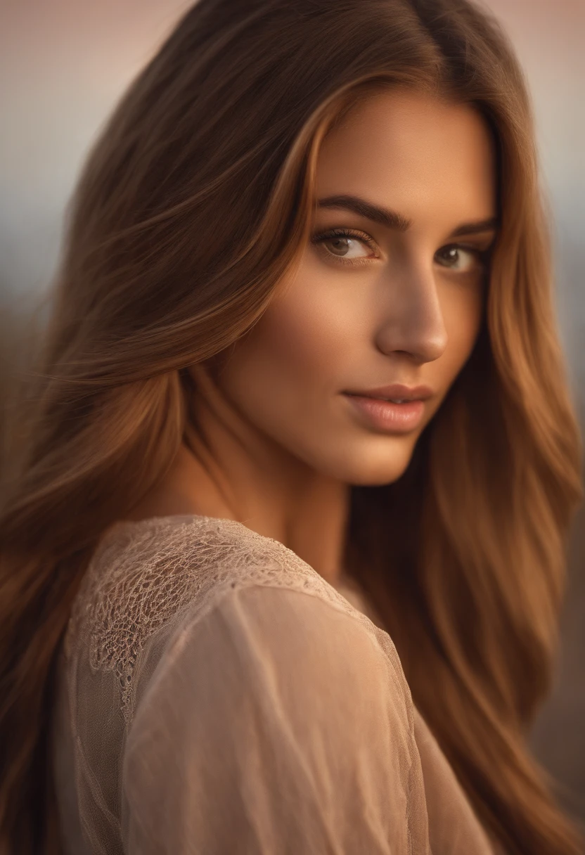 Natural photography of a girl, wearing a loose crop top, leaning over, long straight light brown hair, locks eyes into the camera, symmetrical eyes, symmetrical face, photorealistic, photography, path tracing, specular lighting, volumetric face light, path traced hair, visible shadows, intricate, elaborate, club