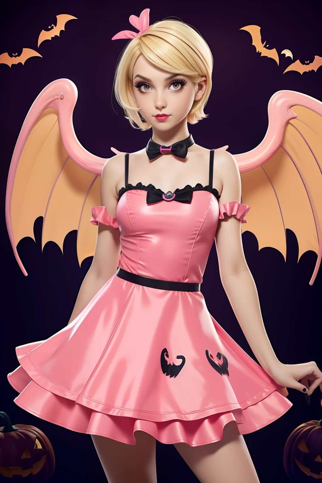 Girl in flamingo Halloween costume, with flamingo wings, blonde short hair Emo Pin up Girl, halloween dress, Striking a pose, natural make up, skinny girl, innocent, night in a grave