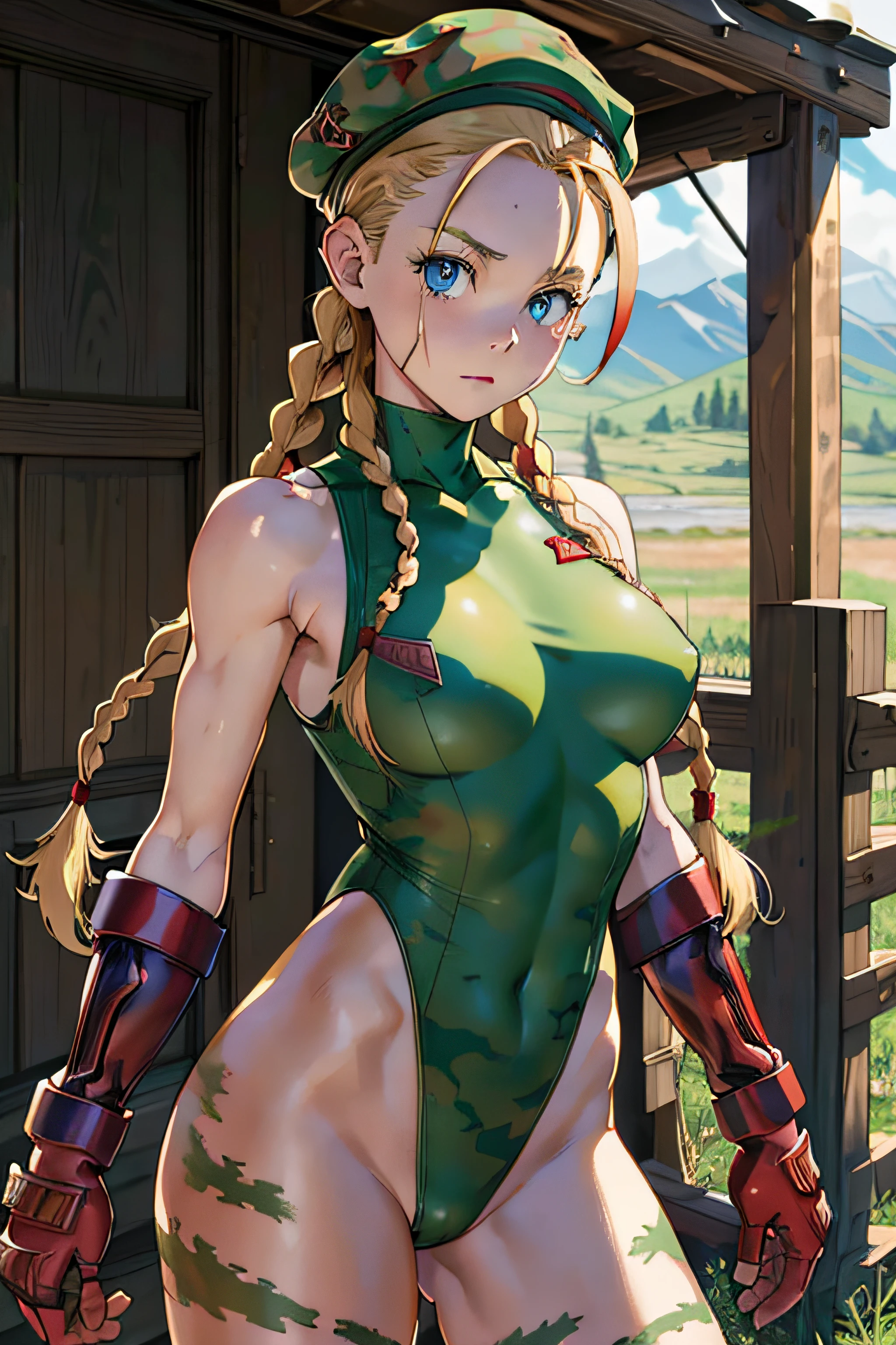 masterpiece, best quality, highres, 1girl, cammy white, twin braids, long hair, blonde hair, antenna hair, beret, (red headwear:1.3), blue eyes, scar on cheek, green leotard, large breasts, sleeveless, red gloves, fingerless gloves, camouflage, cowboy shot, standing, outdoors, arms at sides, straight-on,