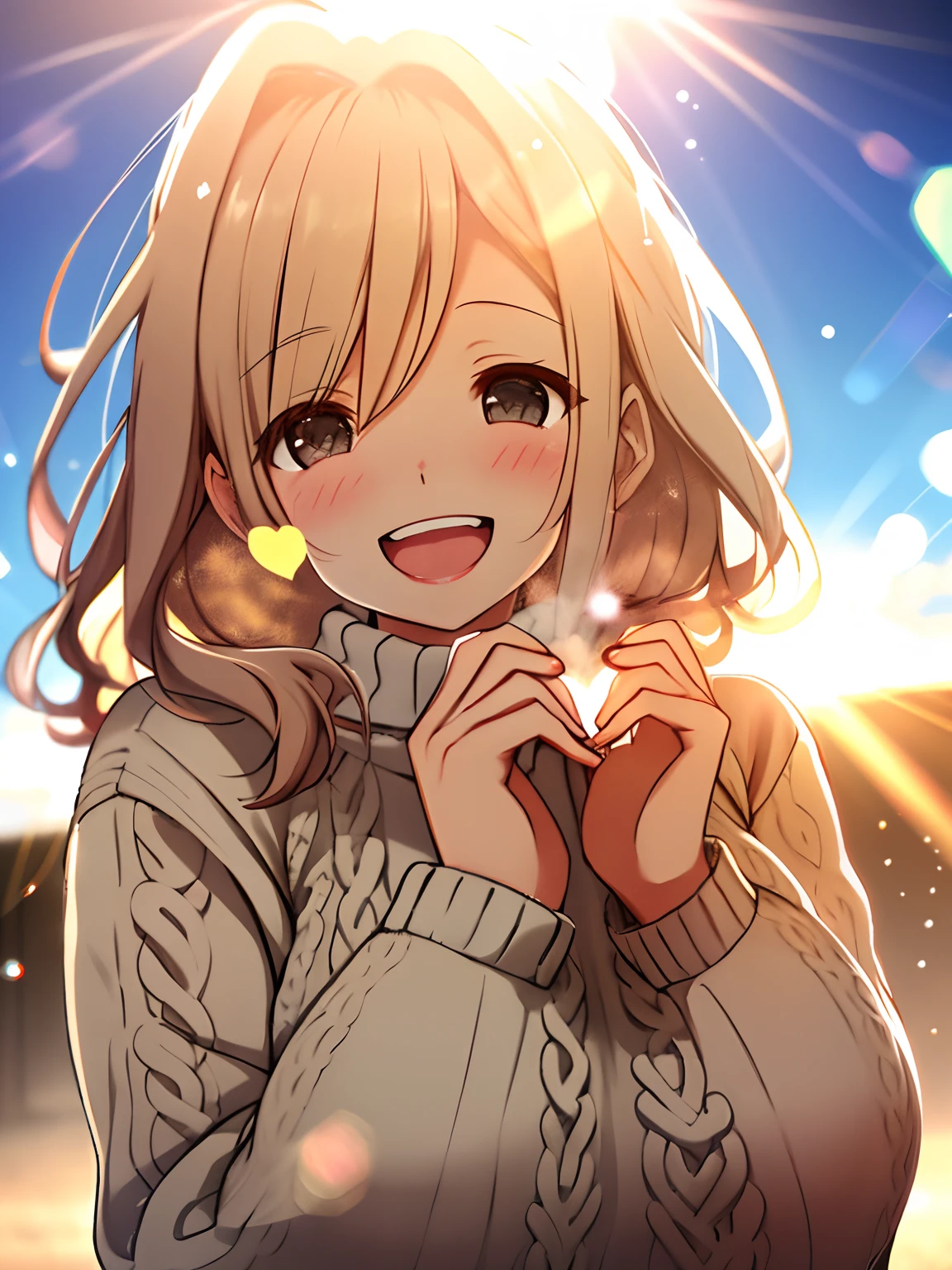 a girl, cosy sweater on, upper body, (huge Laughing:1.1), (open mouth:1.1), (wide open eyes:1.2), sun glare, bokeh, depth of field, blurry background, light particles, strong wind, (heart particles:1.1)