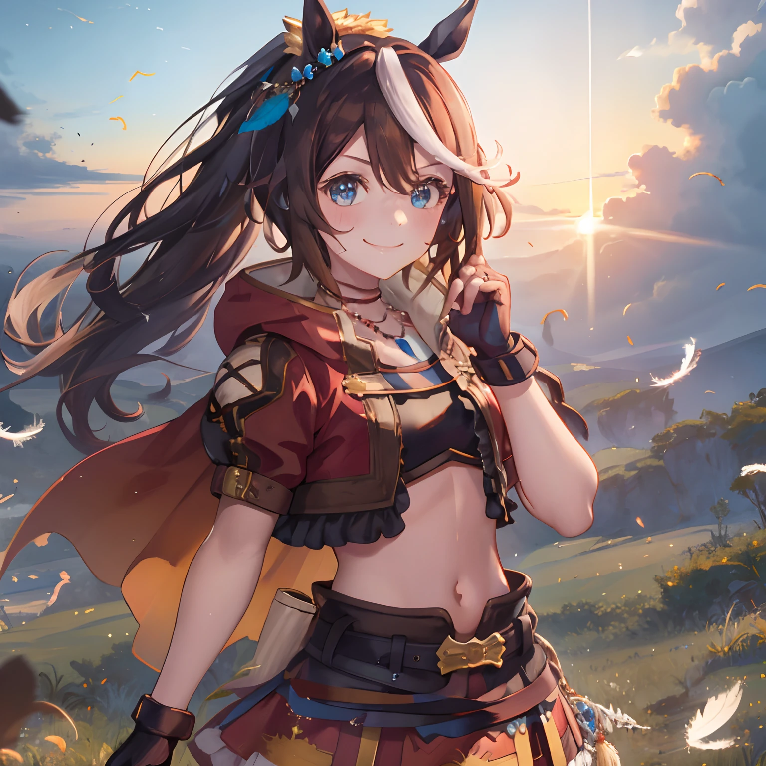 ((masterpiece, best quality)),1girl,Tokai Teio,Tokai Teio(horizon),horse ears,horse girl,brown hair,long hair,high ponytail,streaked_hair,multicolored_hair,blue eyes,jacket,cropped jacket,crop top,midriff,fingerless gloves,short sleeves,navel,skirt,belt,cape,jewelry,frills,hair ornament,hood down,necklace,thighhighs,boots,official_alternate_costume ,smile,victory pose,burning feathers, fire, dusk, sunset, outdoors,