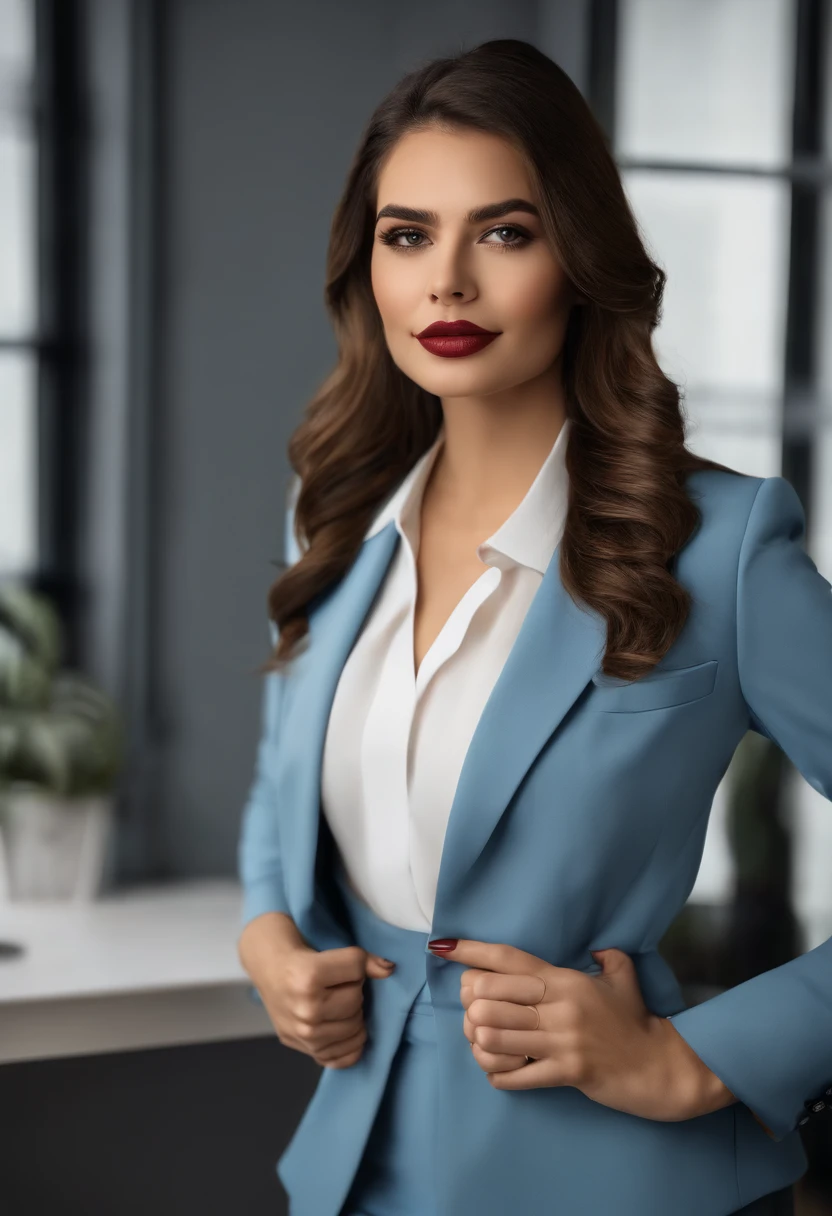 1girl,Home office room with white background,Menina-21 anos,blazer azul marinho,Roupas elegantes,cabelo cacheado no meio das costas,(master part:1.4),(best quality:1.4),(pele brilhante),red lips,Olhando para o espelho,maquiagem simples