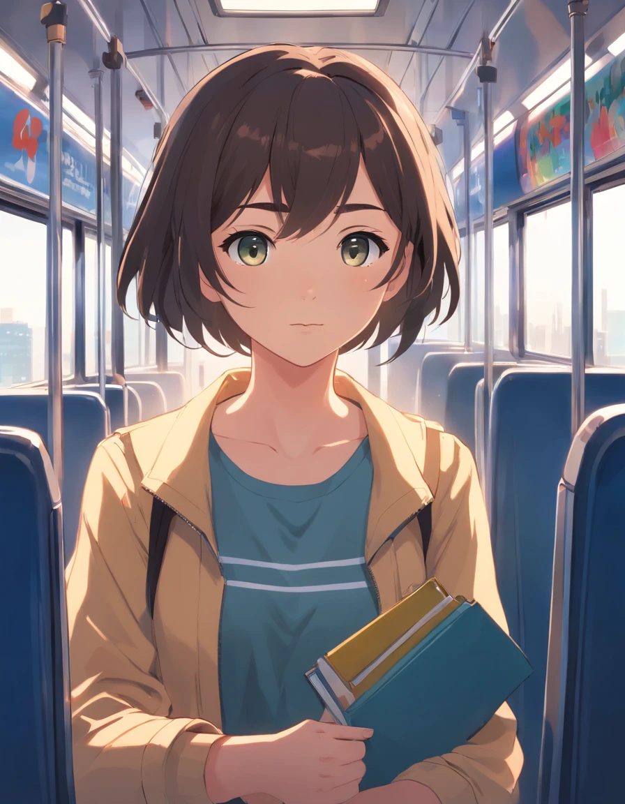 bus,simple illustration, It has a solid color, Perspectiva frontal, linhas pretas em negrito, em um fundo branco, Menina negra, sentada no banco, cabelo Black Power