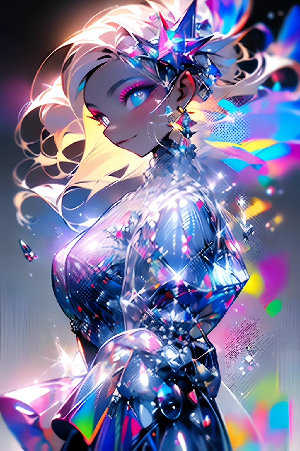 (Masterpiece:1.2), best quality, (illustration:1.2), (ultra-detailed),Eye focus,(Masterfully crafted Glow, pink lens flare), (Cinematic background), hyper details, (delicate detailed), (intricate details), octane render, hdr, (hyperdetailed:1.15), (soft light:1.2), 1girl, beautiful girl, ultra detailed eyes, mature, plump, thick, rainbow painting drops,(supermodel:1.3), paint teardrops, woman made up from paint, entirely paint, splat, splash, indoors, (bioluminescent hair:1.1),(glowing eyes), ((makeup)),(Cinematic masterpiece), fierce, powerful, splashes of colour absolutely eye-catching, (Cinematic headlight), ((caustic)), dynamic angle, beautiful detailed glow, ambient occlusion, ambient light, raytraced reflections,(best illumination, an extremely delicate and beautiful), ((cinematic light)), (soft:2),(exhilarating smile:1.5), kawaii, euphoric,