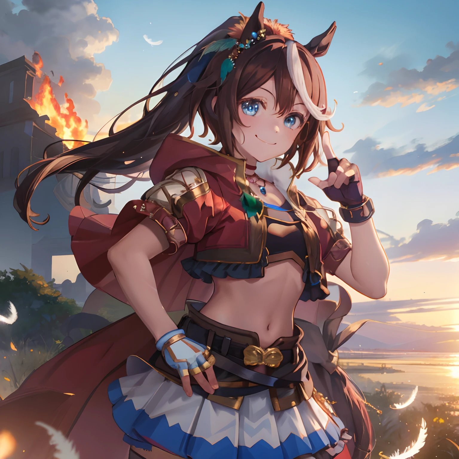 ((masterpiece, best quality)),1girl,Tokai Teio,Tokai Teio(horizon),horse ears,horse girl,brown hair,long hair,high ponytail,streaked_hair,multicolored_hair,blue eyes,jacket,cropped jacket,crop top,midriff,fingerless gloves,short sleeves,navel,skirt,belt,cape,jewelry,frills,hair ornament,hood down,necklace,thighhighs,boots,official_alternate_costume ,smile,victory pose,burning feathers, fire, dusk, sunset, outdoors,