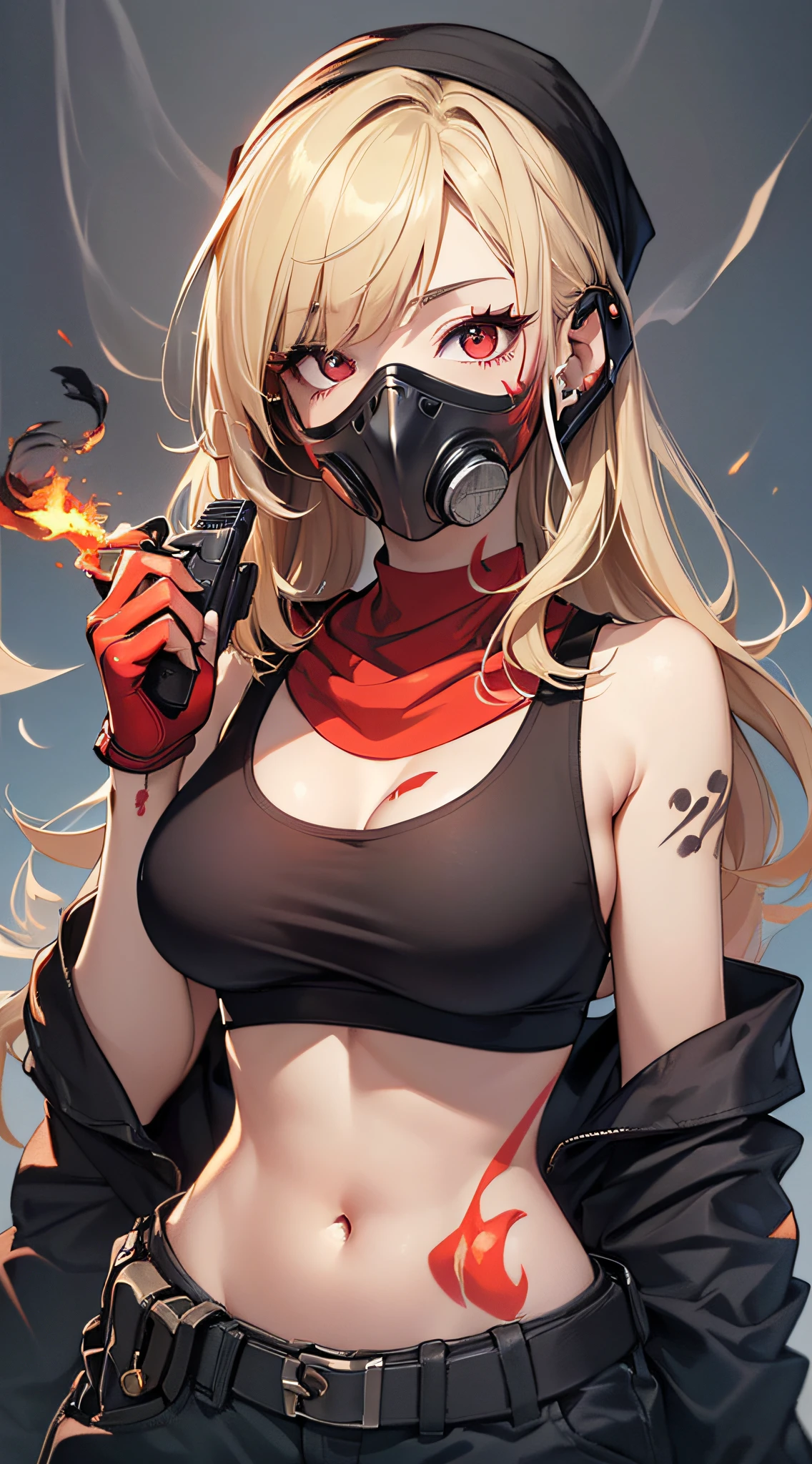 top-quality、Top image quality、masterpiece、girl with((18year old、Blue navel tank top、Military pants、Best Bust、Bust 90、Blonde Away Tail、Red Eyes、open chest wide、Valley、Happiness、A slender、ssmile、black bandana、Holding the revolver in your right hand、,gas masks,Earphone jack in ear、Red Body Paint、Shooting Pose))hiquality、Beautiful Art、Background with((Survival Games、Burning smoke))、masutepiece、Elaborate design、visualart、