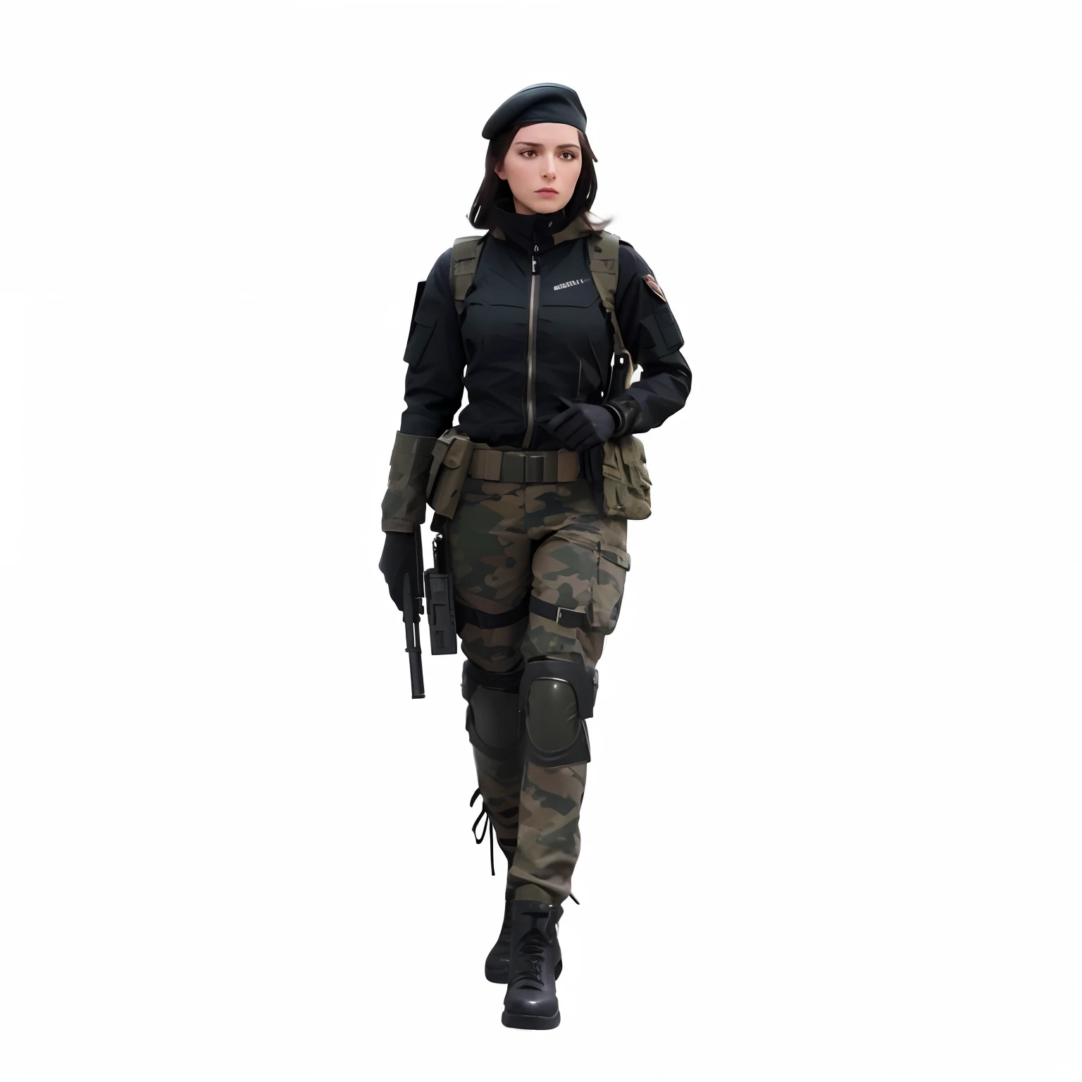 Araffenfrau in schwarzem Oberteil und Tarnhose mit einer Waffe, Infantry Girl, Military Outfit, Weibliche Hauptfigur, Military Girl, Female full body, Soldaten-Outfit, mechanisiertes Soldatenmädchen, Full-body female, 12-Zoll-Actionfigur, Soldat, Soldatenmädchen, Realistische Soldaten, Ganzkörperaufnahme hyperdetailliert, in a dark space mercenary outfit