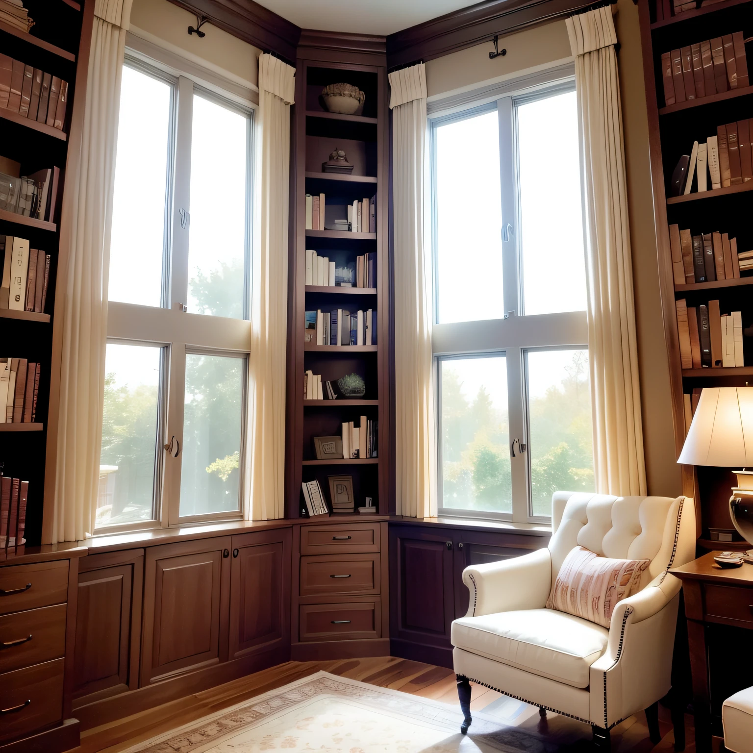 bookcase around window with Adding Window Treatment