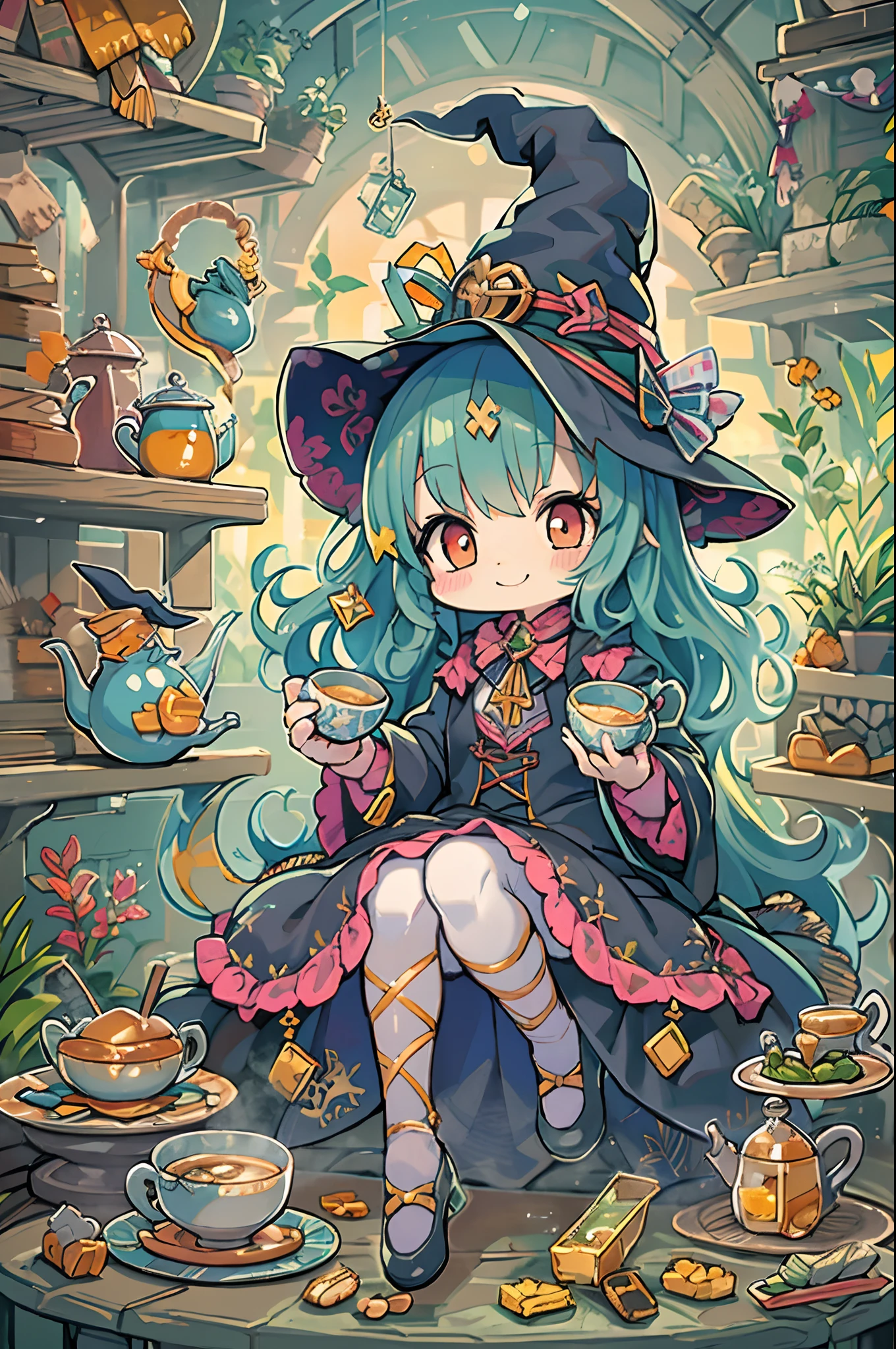 masutepiece, Best Quality, Chibi, Wizard Tea Party, the witch, beautiful witch, Happy, Vibrant, Colorful