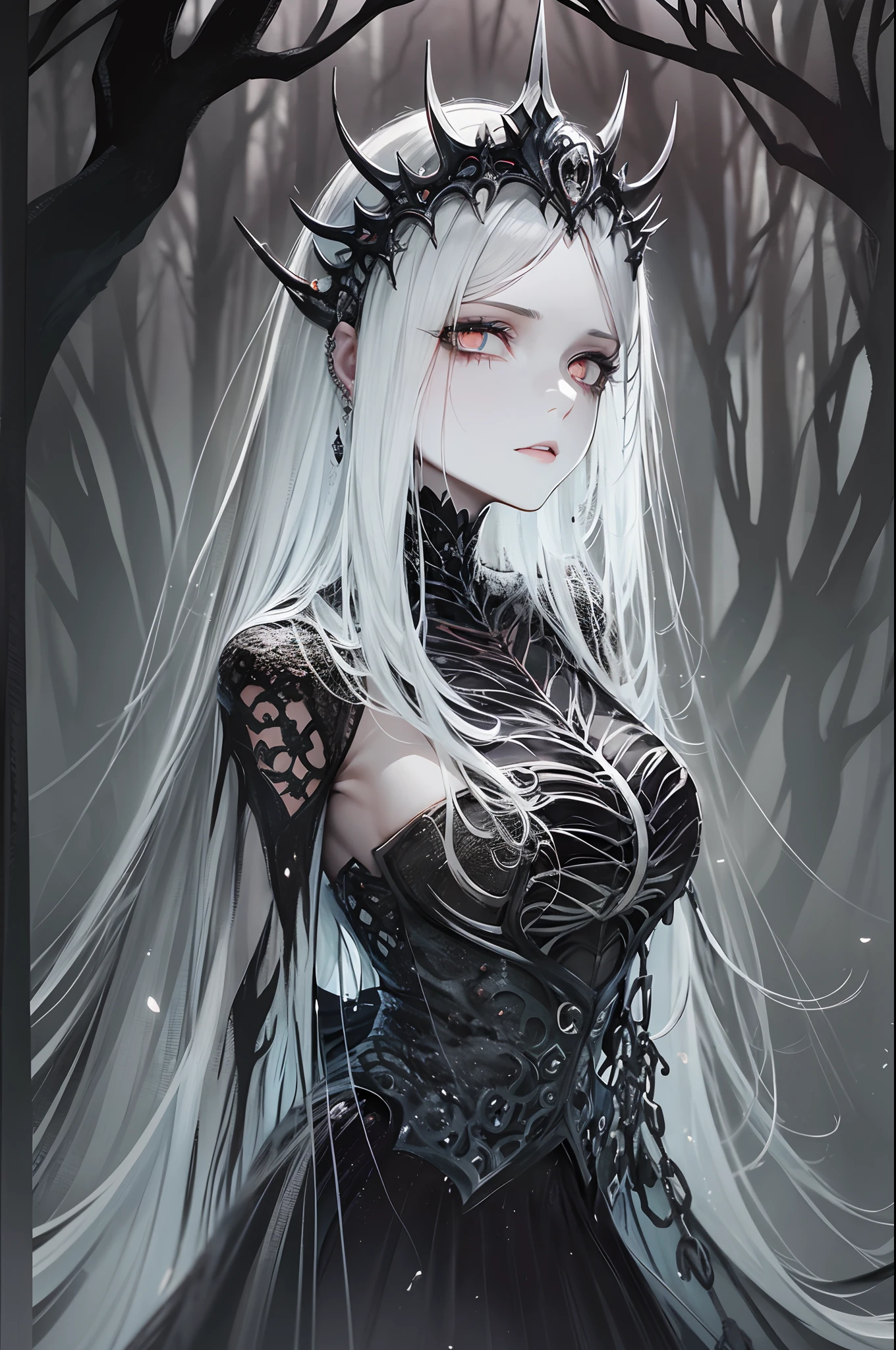 In a dimly lit, desolate forest shrouded in mist and shadow, a lone woman stands as the focal point of the composition. She is dressed in tattered, flowing robes that seem to blend with the dark surroundings. Her long, disheveled hair cascades down her back like a waterfall of midnight. Her eyes, hauntingly bright, pierce through the gloom, emitting an otherworldly, ethereal glow.
The woman's skin is pale, almost translucent, and adorned with intricate, mystical tattoos that seem to writhe and come to life as if they possess a dark, ancient magic of their own. She holds a twisted staff crowned with a sinister, glowing crystal that emits an eerie, greenish light, casting eerie shadows on the gnarled trees surrounding her.
Behind the woman, a pair of menacing, shadowy figures with eyes like burning coals lurk in the darkness, watching her every move with malevolent intent. The forest itself appears alive, with contorted, skeletal trees that reach out like skeletal fingers, creating an ominous, oppressive atmosphere.
As she stands there, the woman exudes an air of both vulnerability and power, as though she is a conduit for some ancient, forbidden magic. Her presence in this eerie, surreal landscape hints at a deeper, sinister narrative, leaving the viewer to wonder about the secrets and dark forces that surround her.