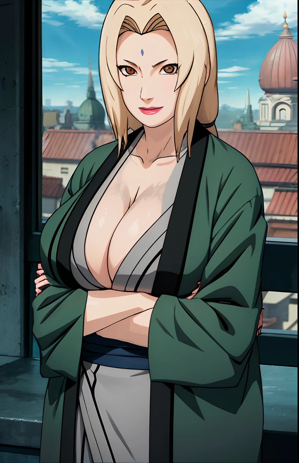 (huge tits), cleavage, good anatomy, masterpiece, best quality, 4k, 8k, professional photography, soft light, sharp focus, 1 girl, blonde hair, kimono, (mountai), clouds, blonde hair, parted banks, detailed face+brown eyes, smile, closed lips, lipstick, bookshelves, windows,