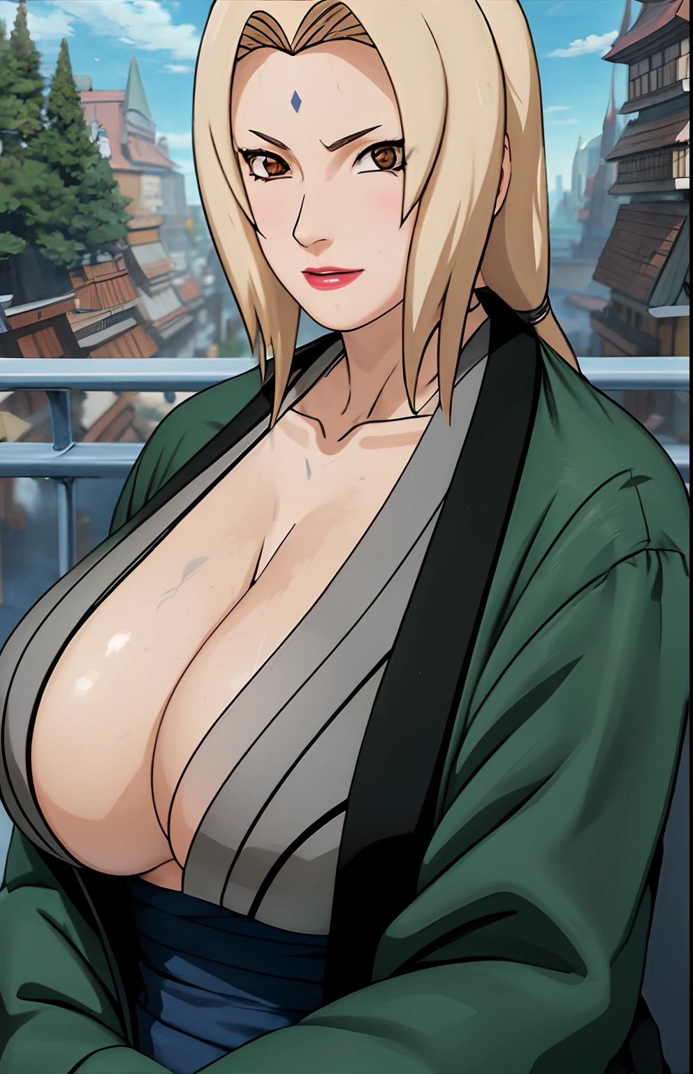 (huge tits), cleavage, good anatomy, masterpiece, best quality, 4k, 8k, professional photography, soft light, sharp focus, 1 girl,  blonde hair, kimono, (mountai), clouds, blonde hair, parted banks, detailed face+brown eyes, smile, closed lips, lipstick, bookshelves, windows,