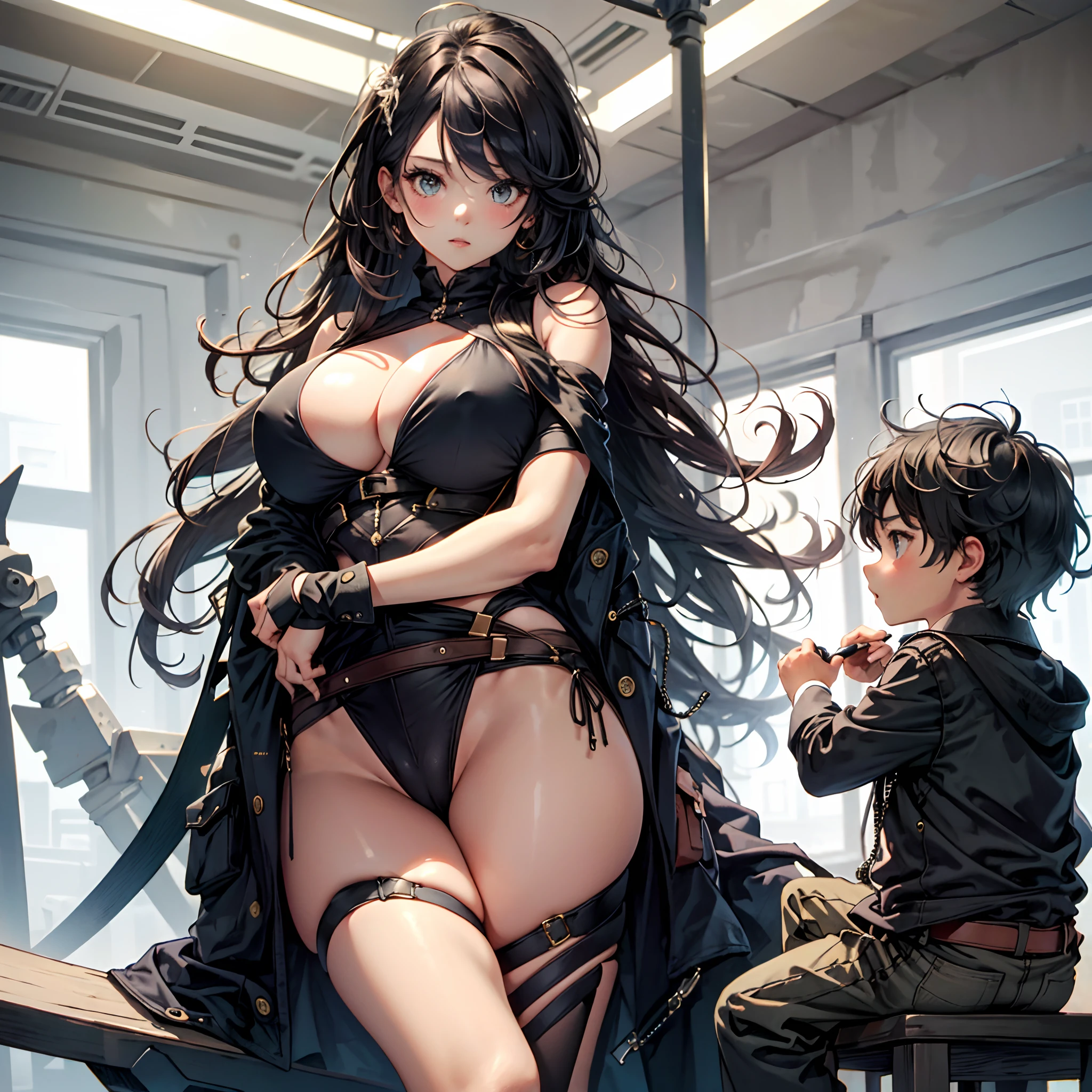 Tall girl, giant butt, giant breast, very curvy, very long hair, black hair, giant breast, her hands touchin her butt, she's sitting on a skinny.