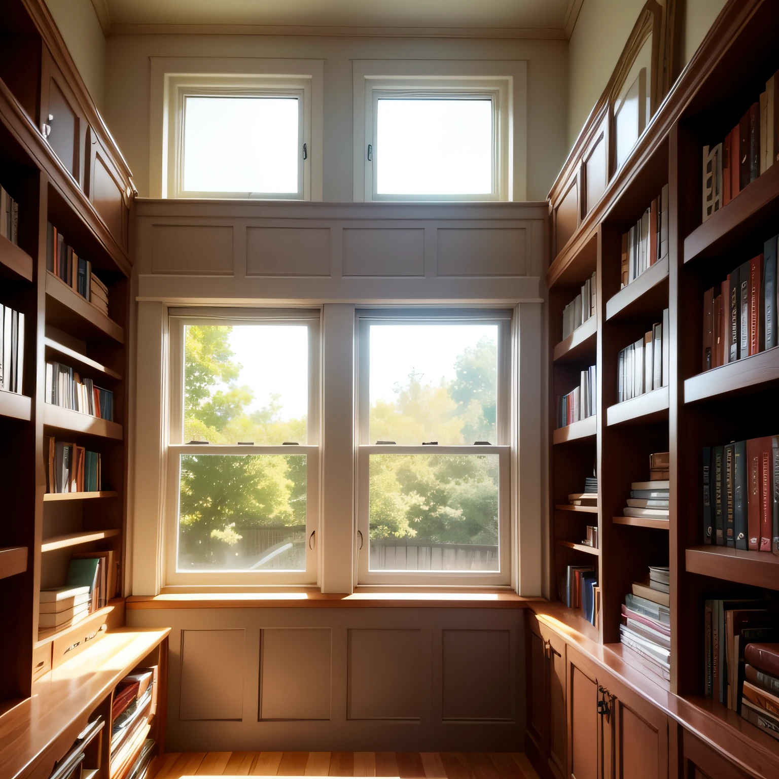 bookcase around window with completed bookcase around the window